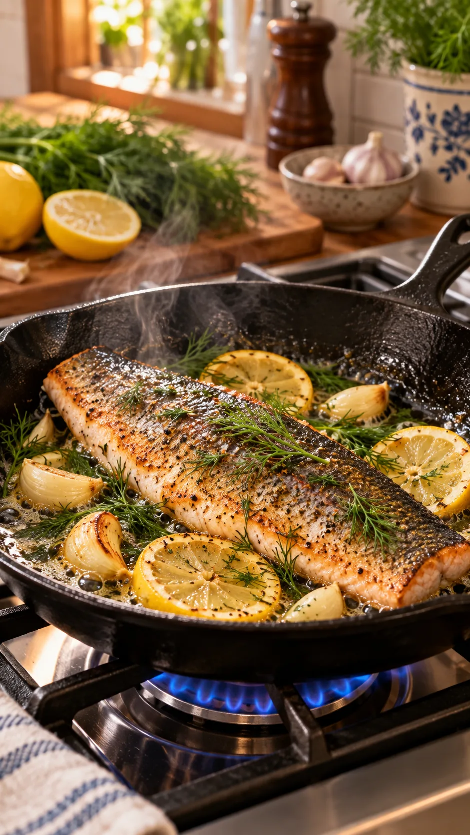A cozy, home kitchen scene with a cast-iron skillet sizzling on a gas stove containing a fresh fillet of trout with garlic cloves, lemon slices, and fresh dill.