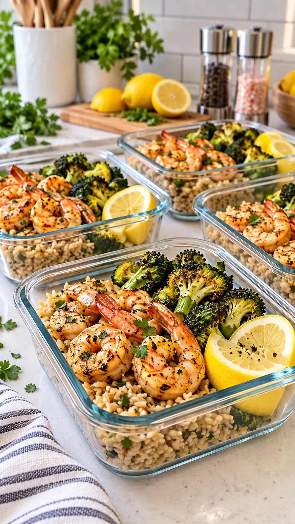 A modern kitchen counter with colorful meal prep glass containers containing grilled shrimp, brown rice, roasted broccoli, and lemon slices ready for the week.
