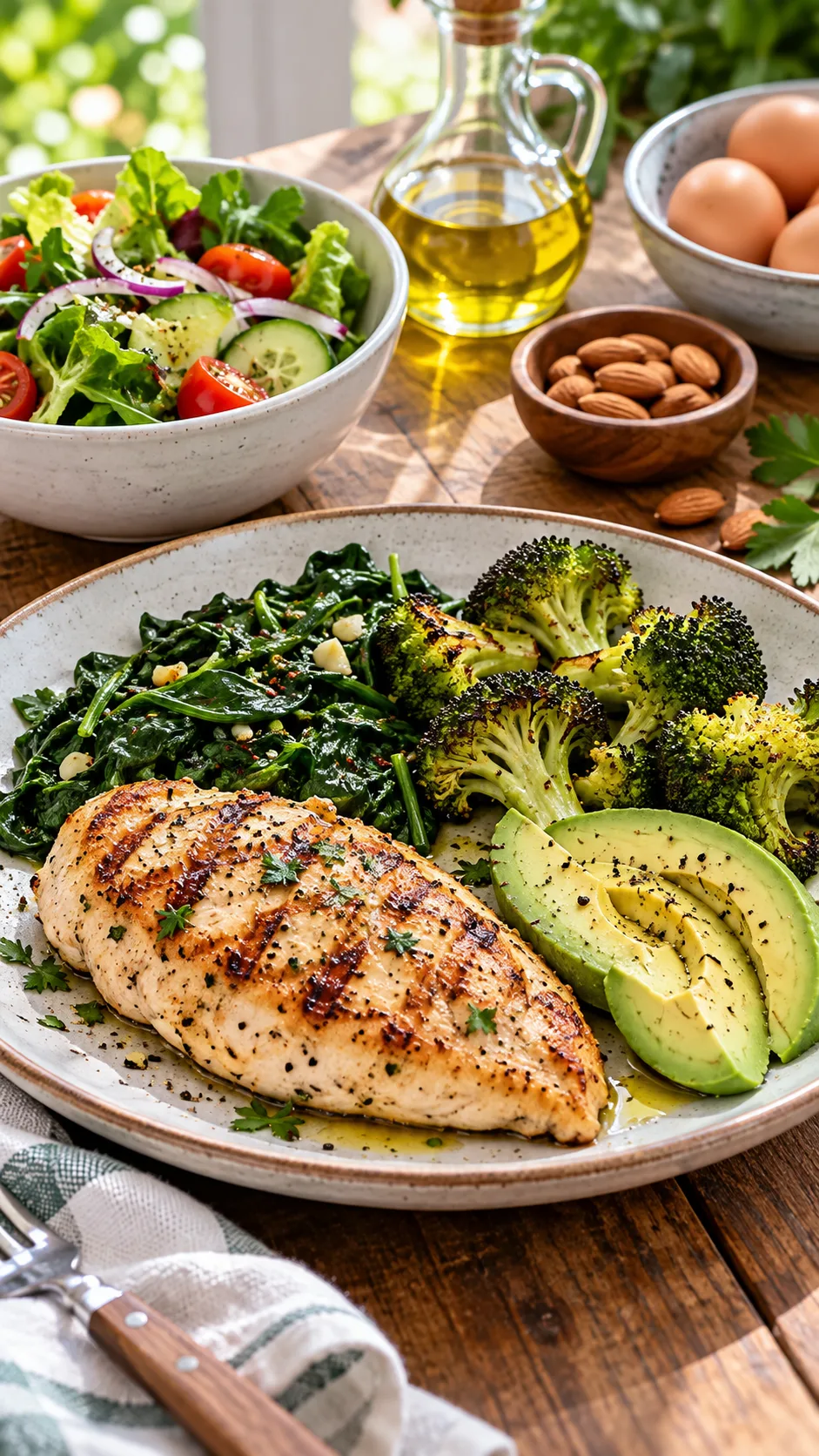 South Beach Diet Phase 1: What to Eat, What to Skip, and Why It Works So Fast 1 Bright natural-light food photography of a South Beach Diet Phase 1 meal on a wooden table: grilled chicken breast, sautéed spinach, roasted broccoli, avocado slices, a small bowl of mixed salad, olive oil dressing, eggs and almonds in the background, realistic healthy lifestyle editorial style