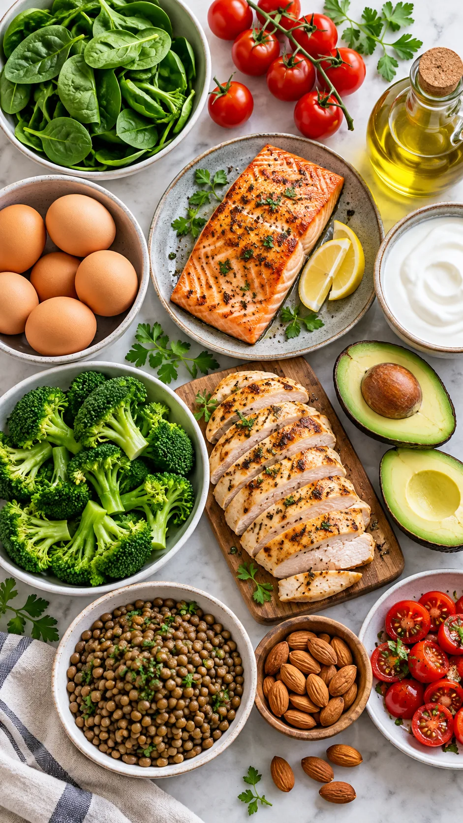 South Beach Diet Phase 1: What to Eat, What to Skip, and Why It Works So Fast 4 Overhead realistic food photography showing approved South Beach Diet Phase 1 foods arranged neatly on a light kitchen counter: eggs, grilled salmon, chicken, broccoli, spinach, tomatoes, avocado, almonds, olive oil, plain Greek yogurt, lentils, labels-free and colorful
