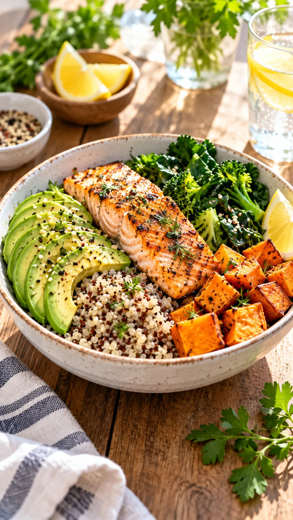 The Trimester-by-Trimester Pregnancy Meal Plan That Actually Keeps You Full 1 A vibrant, delicious pregnancy lunch bowl featuring grilled salmon, sliced avocado, quinoa, roasted sweet potatoes, and steamed greens on a bright rustic wooden table with natural morning sunlight
