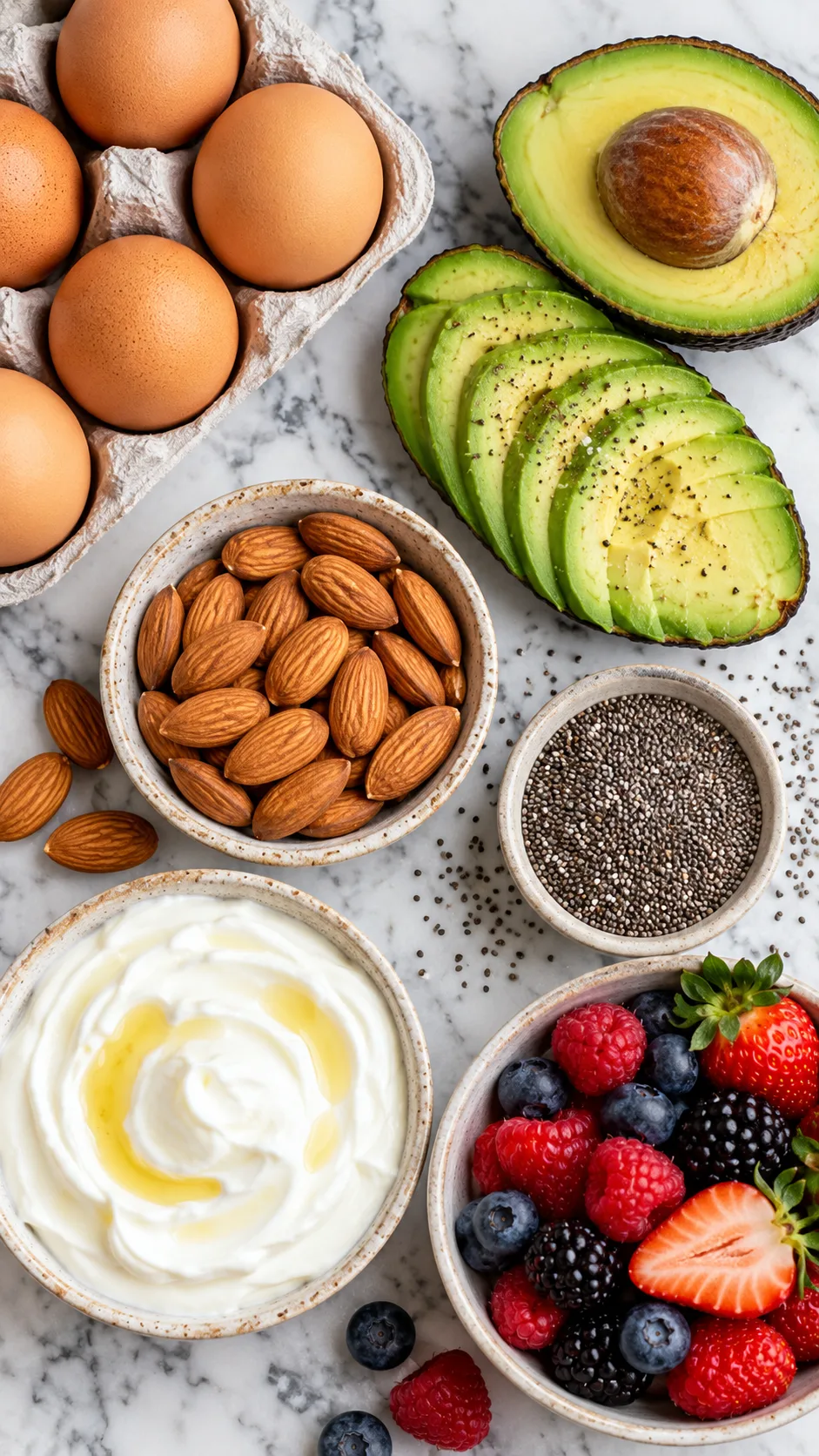 The Trimester-by-Trimester Pregnancy Meal Plan That Actually Keeps You Full 2 Overhead flat lay of whole food satiety ingredients: farm eggs, fresh avocado slices, raw almonds, chia seeds, Greek yogurt, and fresh berries arranged neatly on a marble countertop