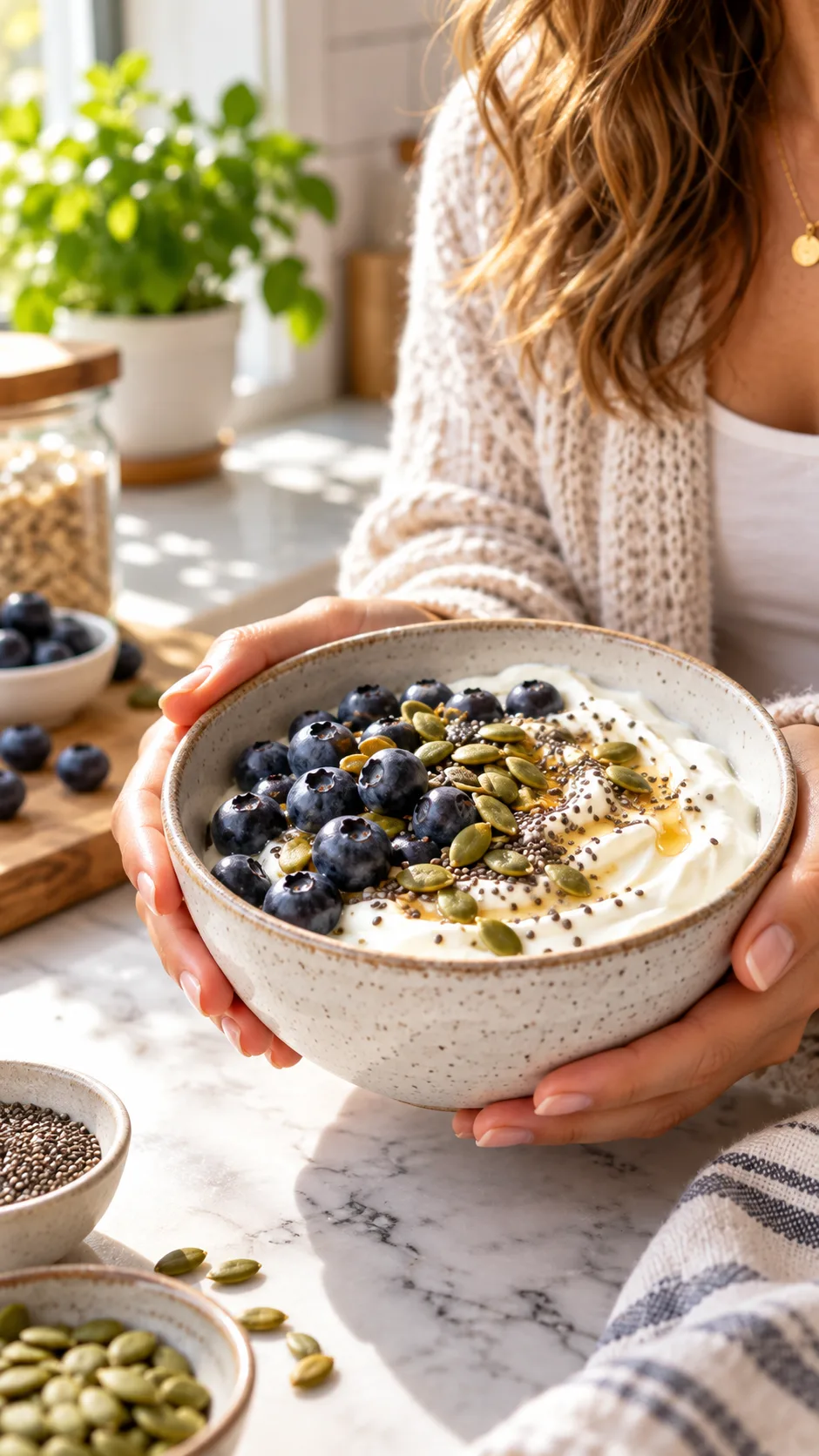 The Trimester-by-Trimester Pregnancy Meal Plan That Actually Keeps You Full 3 Close up of a mother holding a chilled ceramic bowl of thick Greek yogurt topped with blueberries, pumpkin seeds, and chia seeds on a cozy sunlit kitchen counter