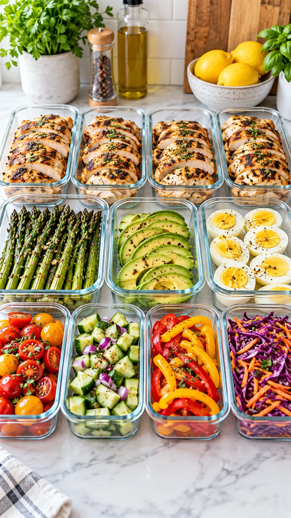A beautifully organized weekly meal prep spread on a bright kitchen counter with glass containers containing grilled chicken breasts, roasted asparagus, sliced avocado, hard-boiled eggs, and colorful chopped vegetables