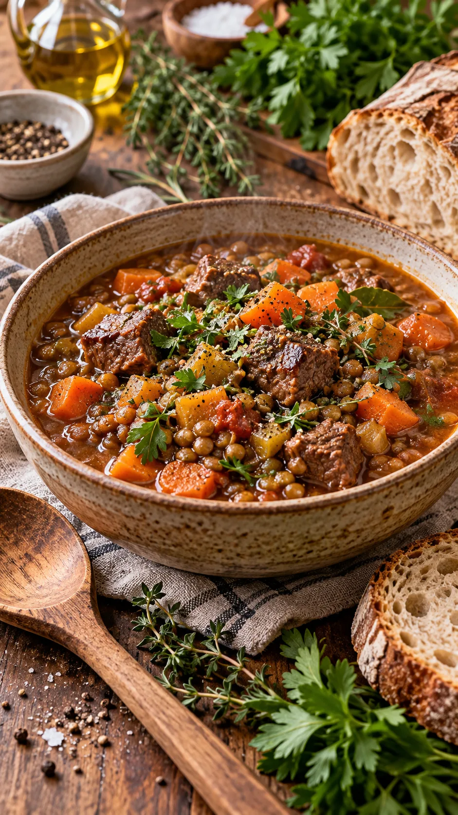 The Trimester-by-Trimester Pregnancy Meal Plan That Actually Keeps You Full 4 Warm and hearty bowl of grass-fed beef and lentil stew surrounded by fresh herbs, rustic wooden spoon, and sourdough slice on a warm kitchen table