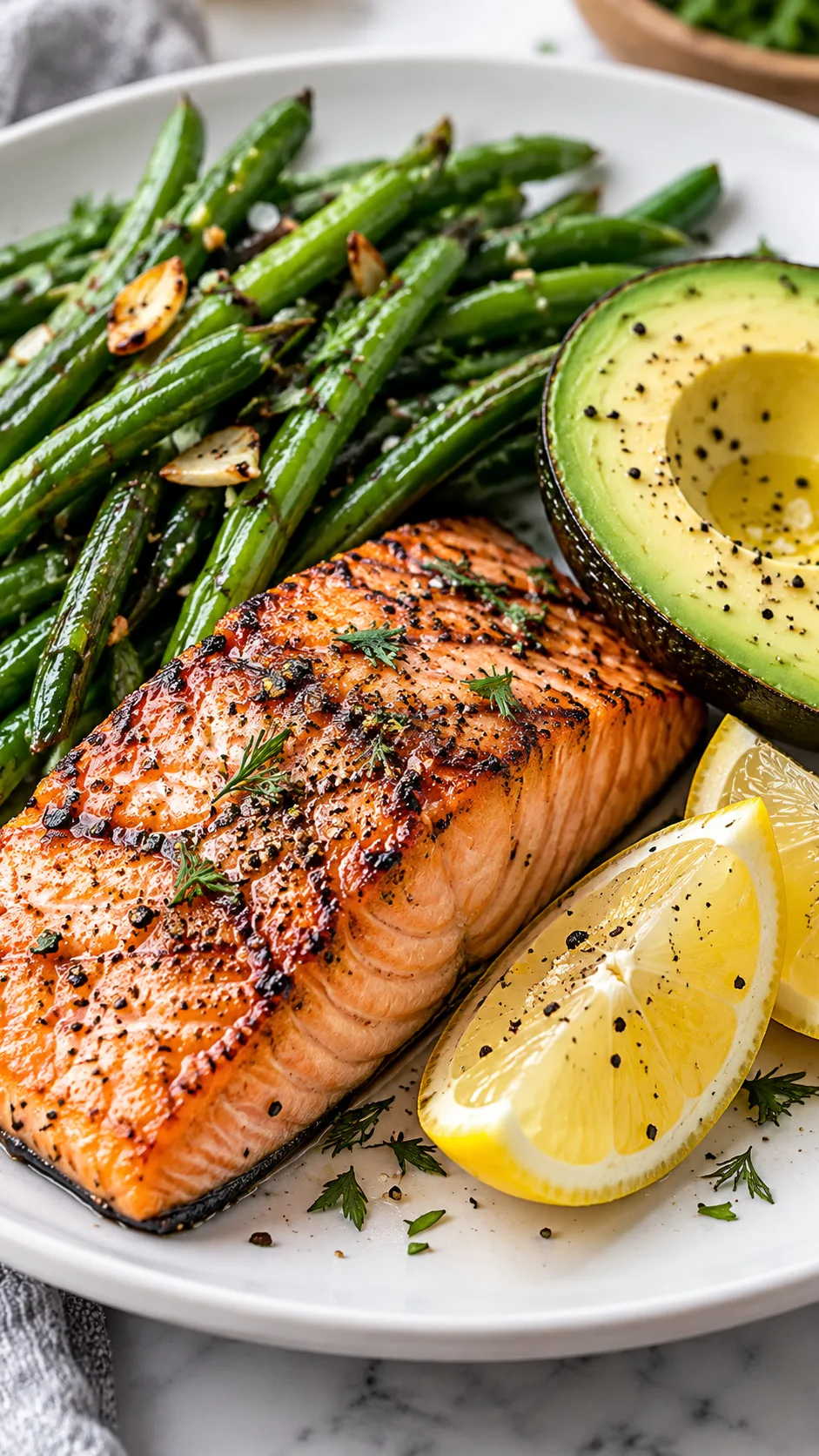 Close-up macro photography of a balanced low-carb meal featuring grilled wild salmon fillet, crisp sautéed green beans, half an avocado, and lemon wedges on a white ceramic plate