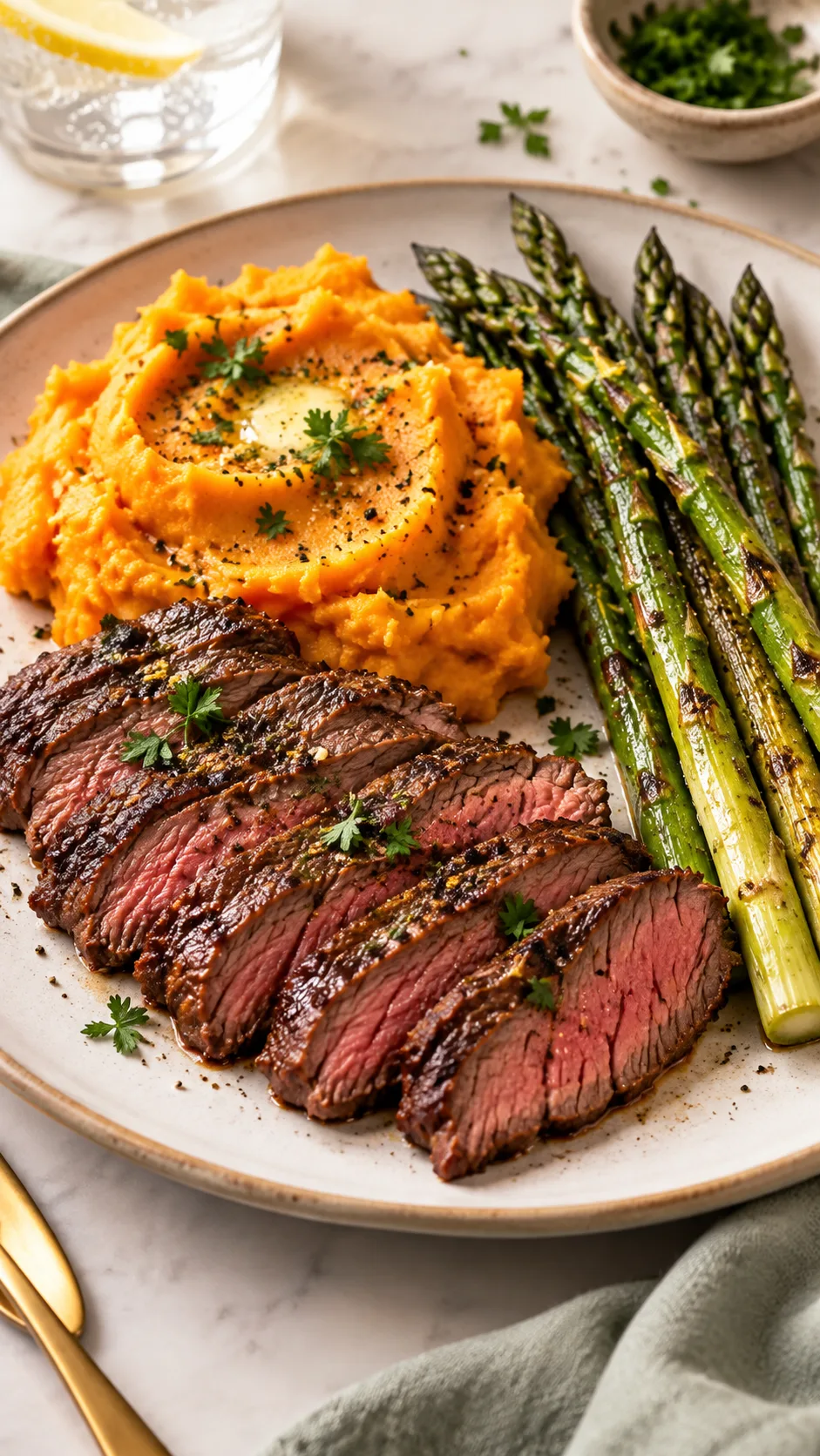 The Trimester-by-Trimester Pregnancy Meal Plan That Actually Keeps You Full 5 A beautifully plated third trimester mini meal featuring sliced flank steak, golden mashed sweet potatoes, and grilled asparagus spears on a clean ceramic dish