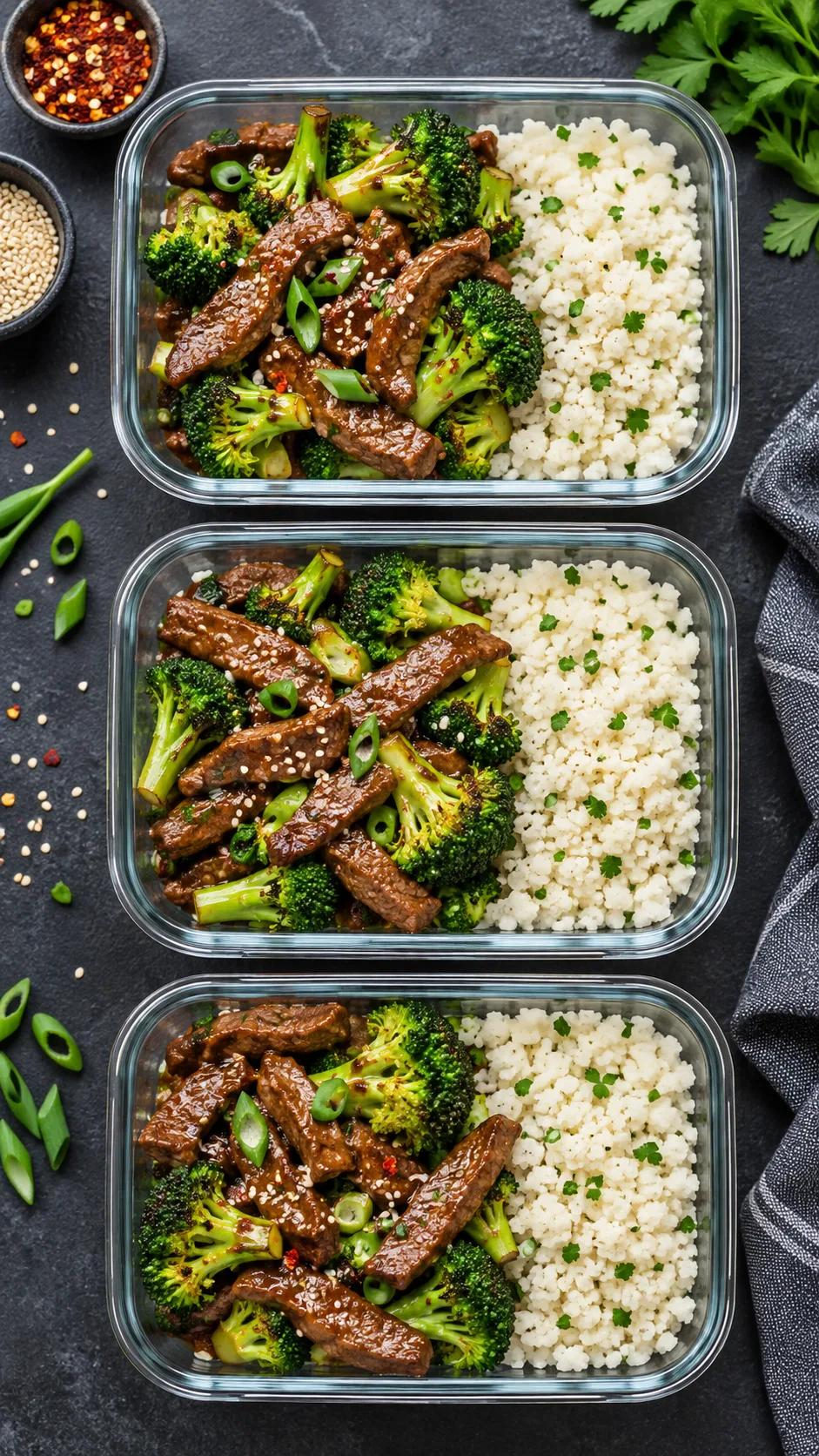 Top-down flat lay shot of meal prep containers filled with vibrant stir-fried beef strips, green broccoli florets, and white cauliflower rice, cleanly presented on a slate background