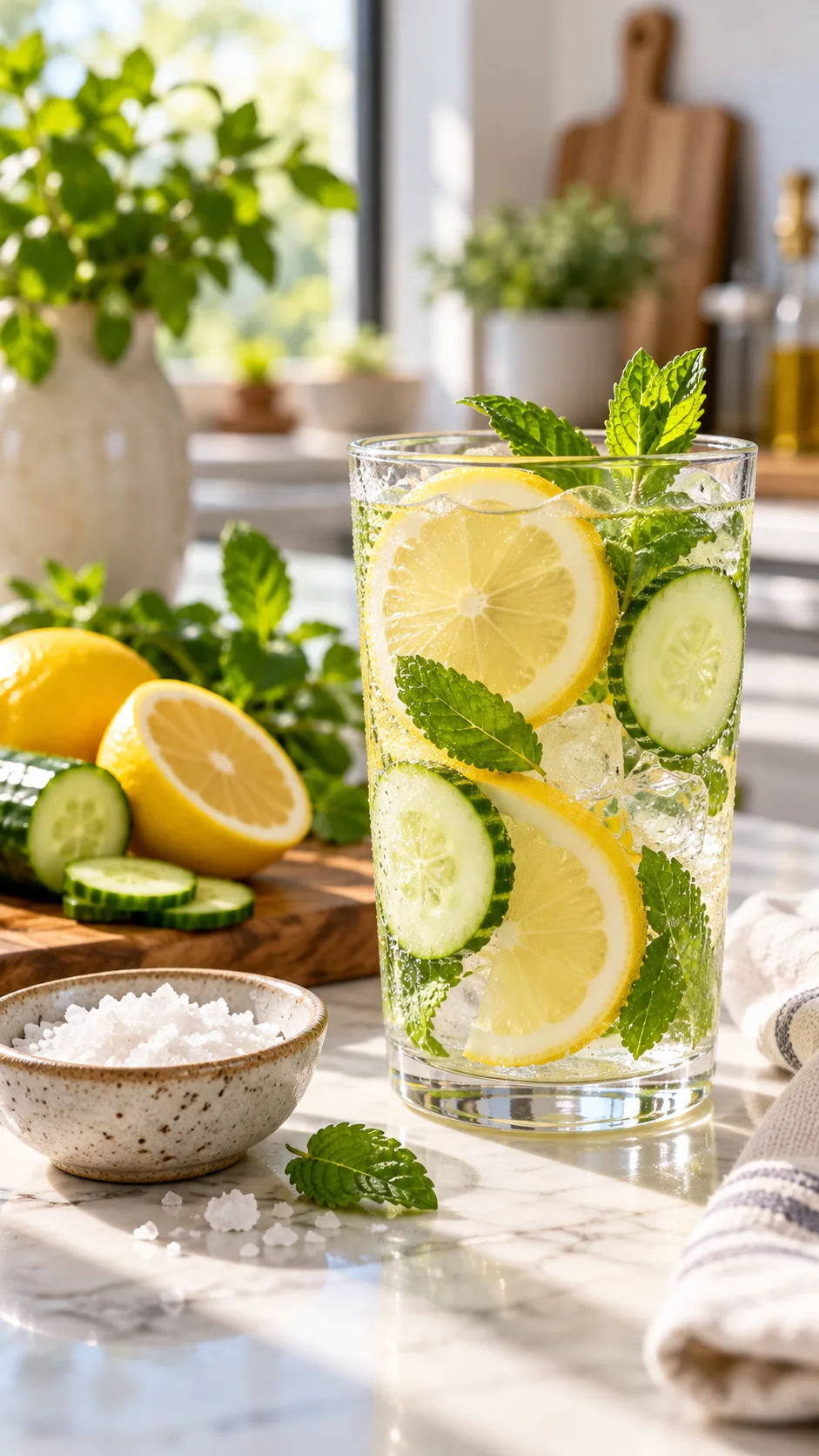 The Trimester-by-Trimester Pregnancy Meal Plan That Actually Keeps You Full 6 A refreshing glass of infused water with sliced lemon, cucumber, and fresh mint on a sunlit kitchen island beside a small bowl of coarse sea salt