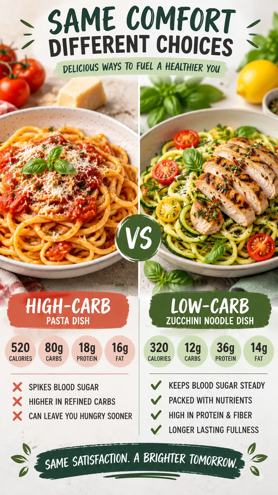 Infographic style photo showing side-by-side comparison plates: a high-carb pasta dish next to a colorful low-carb zucchini noodle dish with fresh herbs and grilled chicken
