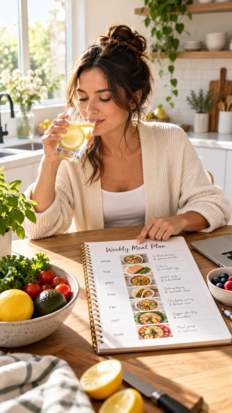 A calm woman drinking a glass of water with lemon while checking a weekly meal planner on a clean, modern kitchen table bathed in morning sunlight
