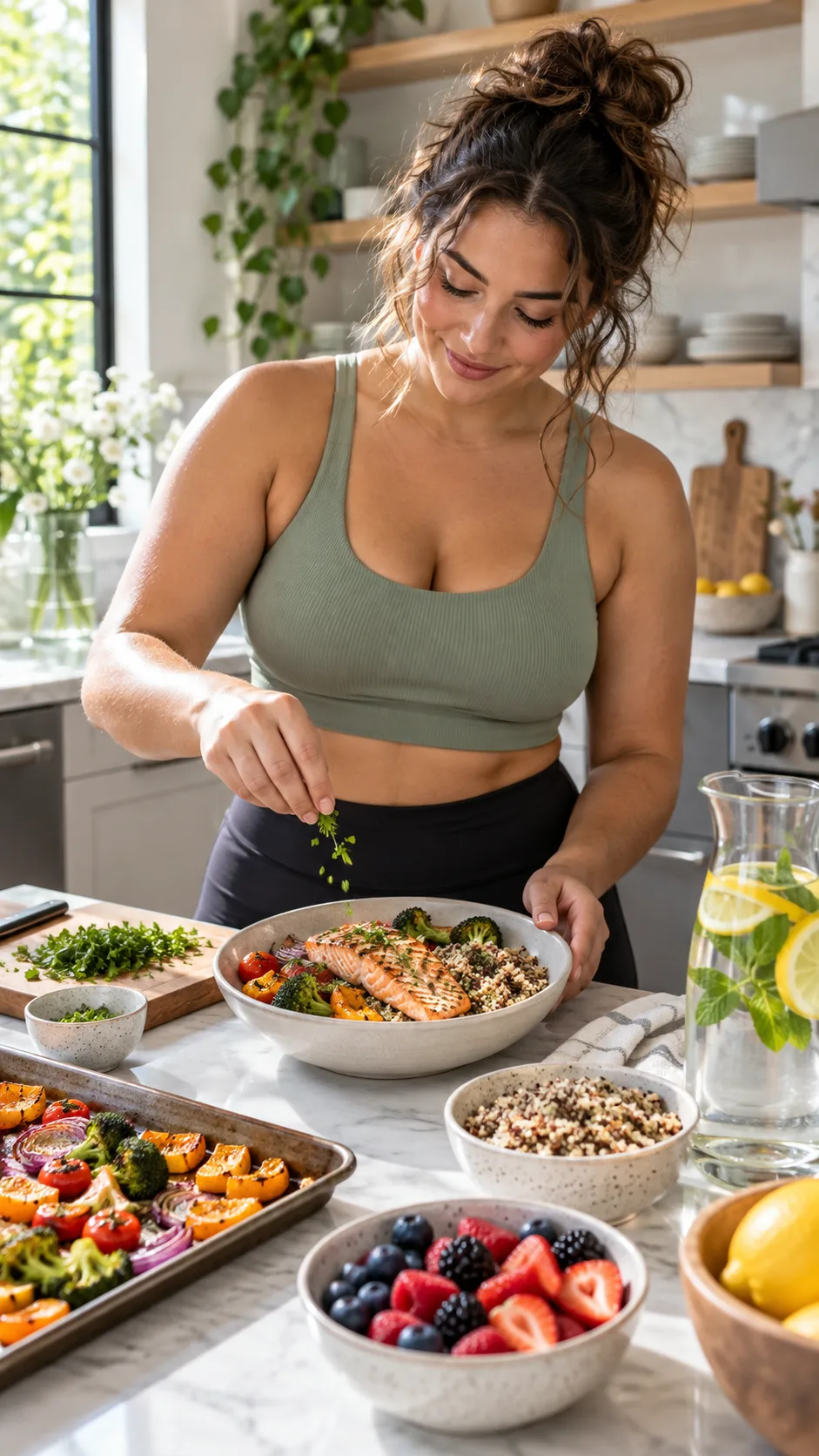 Editorial lifestyle photography of a healthy fashion model in a bright modern kitchen preparing a balanced meal with grilled salmon, roasted vegetables, quinoa, berries, and water, natural daylight, realistic body diversity, no text, premium wellness magazine style
