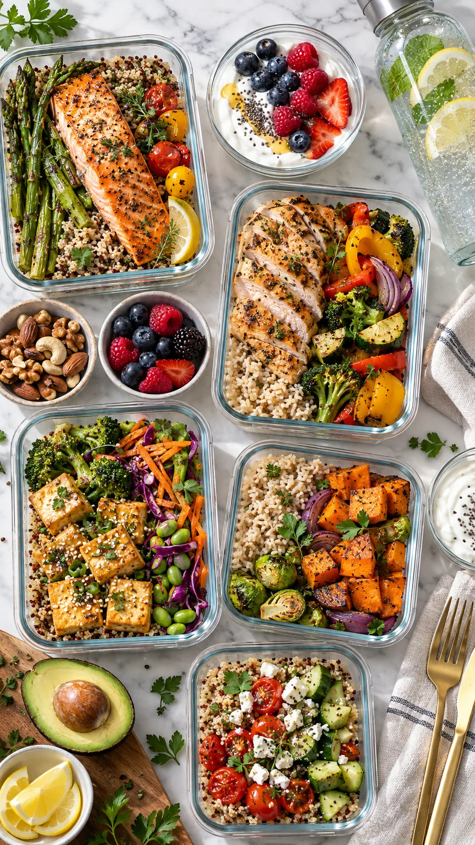 Realistic overhead food photography of balanced meal prep containers for a busy model lifestyle: salmon, chicken, tofu, quinoa, brown rice, colorful roasted vegetables, berries, Greek yogurt, nuts, and sparkling water, clean bright editorial wellness styling, no text