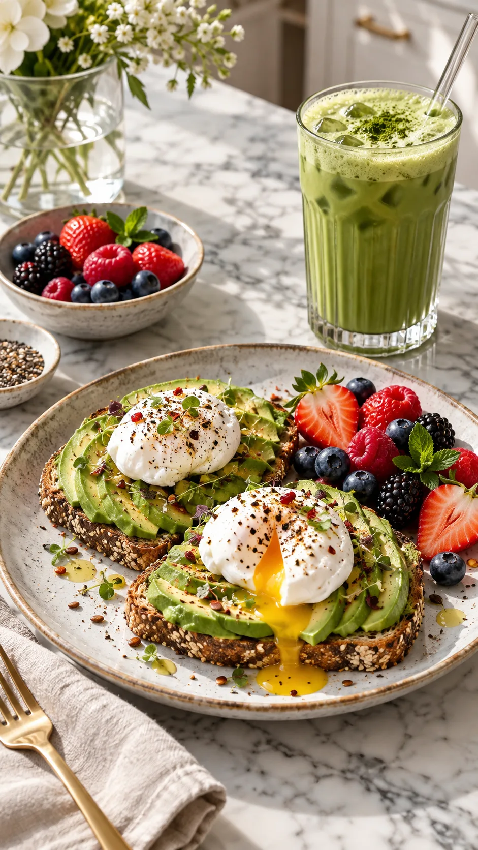 The Victoria's Secret Diet: What Supermodels Actually Eat (And What They Skip) 1 A beautifully styled flat-lay photograph of a supermodel breakfast with sliced avocado on seed toast, poached organic eggs, fresh berries, and a tall glass of green matcha tea on a marble kitchen island