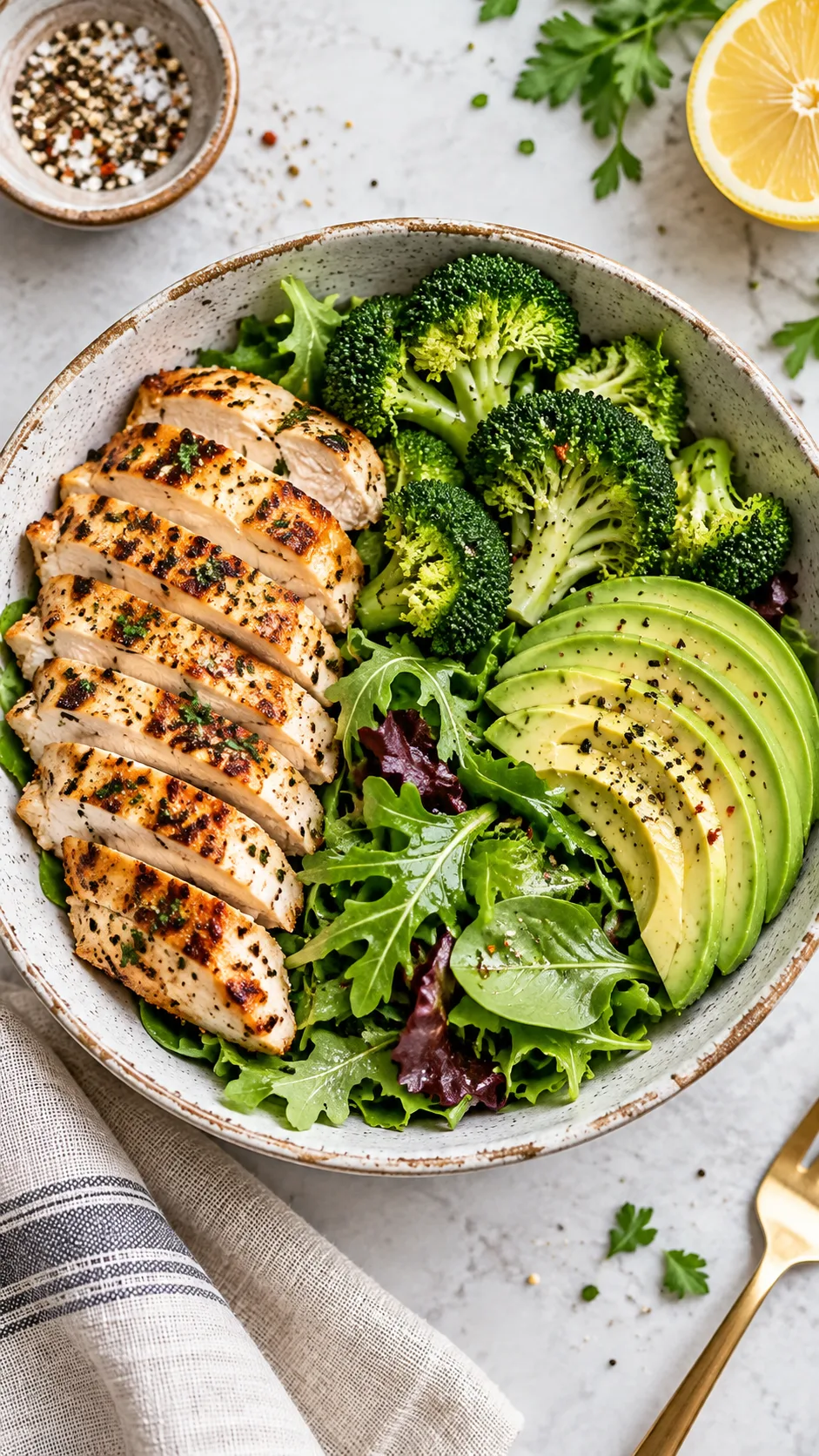 The Victoria's Secret Diet: What Supermodels Actually Eat (And What They Skip) 2 An overhead shot of a clean, healthy lunch bowl containing grilled organic chicken breast, steamed broccoli, sliced avocado, and leafy greens in an aesthetic ceramic bowl