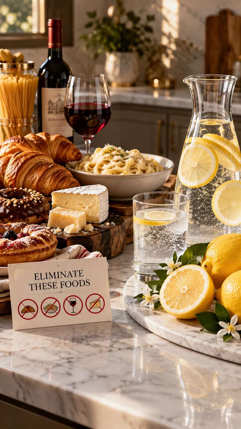 The Victoria's Secret Diet: What Supermodels Actually Eat (And What They Skip) 3 A luxury kitchen counter displaying eliminated foods like pastries, pasta, wine, and dairy with a soft editorial shadow, juxtaposed next to pure crystal-clear water and raw lemons