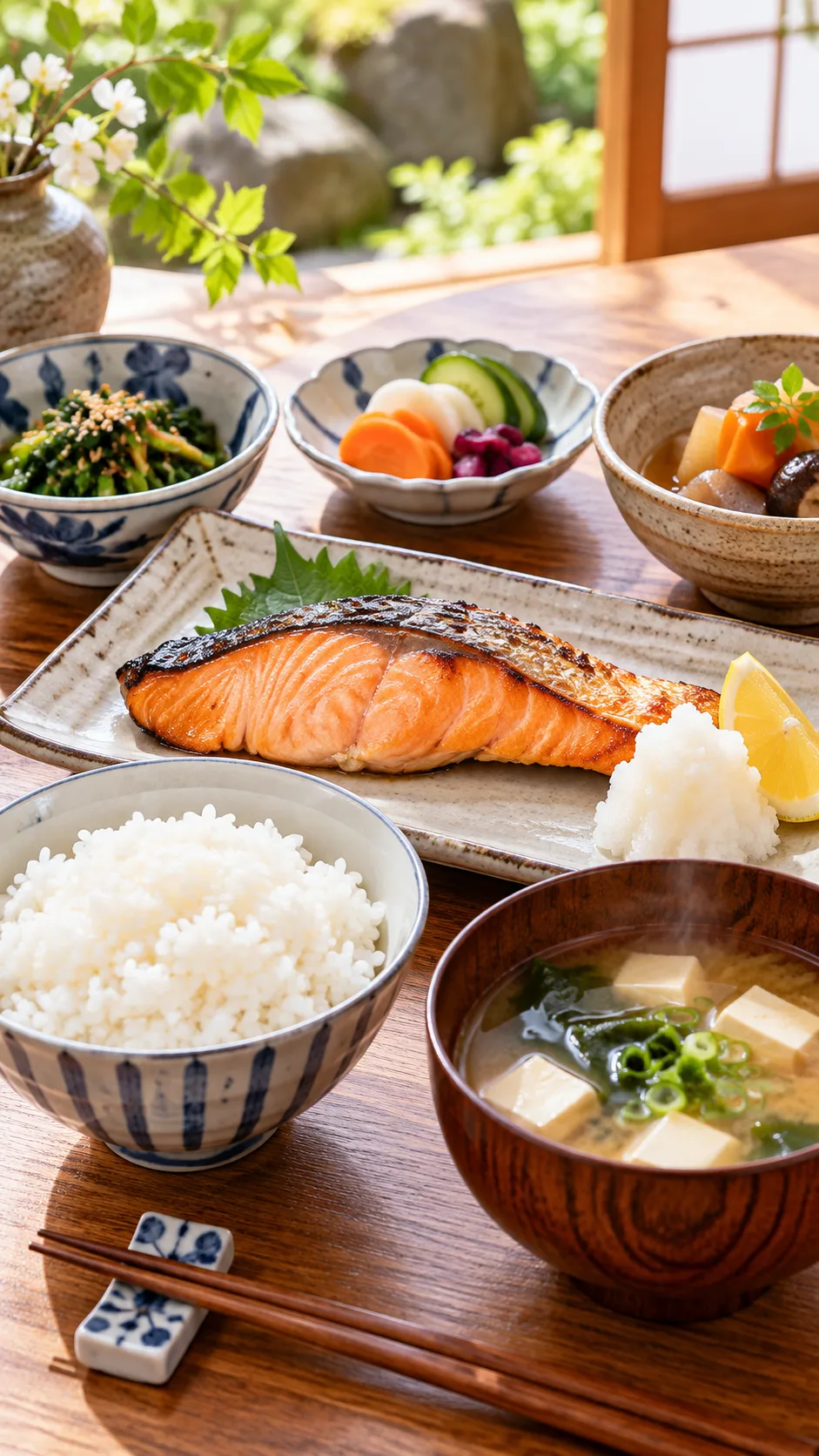 The Japanese Diet Plan That Keeps Japan Among the World's Healthiest Nations 1 A traditional Japanese washoku meal set on a wooden table, featuring grilled salmon, a bowl of steamed white rice, miso soup, pickled vegetables, and simmered greens in small ceramic bowls, bright natural lighting
