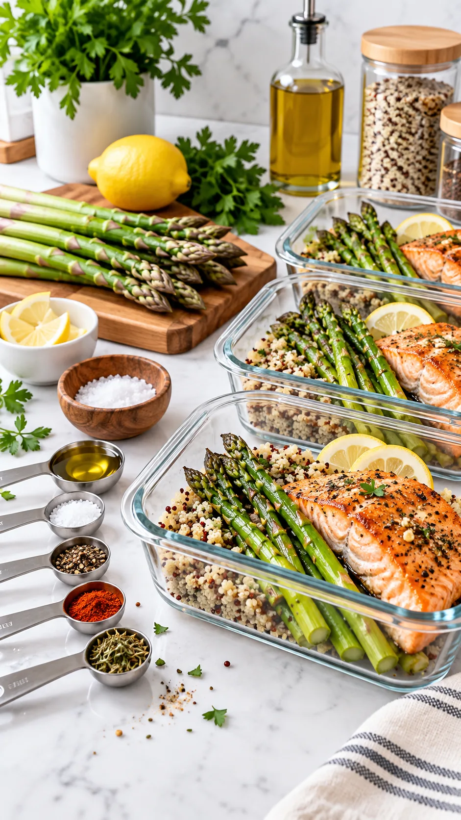 The Victoria's Secret Diet: What Supermodels Actually Eat (And What They Skip) 5 A modern nutrition table setup with measuring spoons, glass meal prep containers, fresh asparagus, and salmon, shot with sharp focus and clean bright lighting