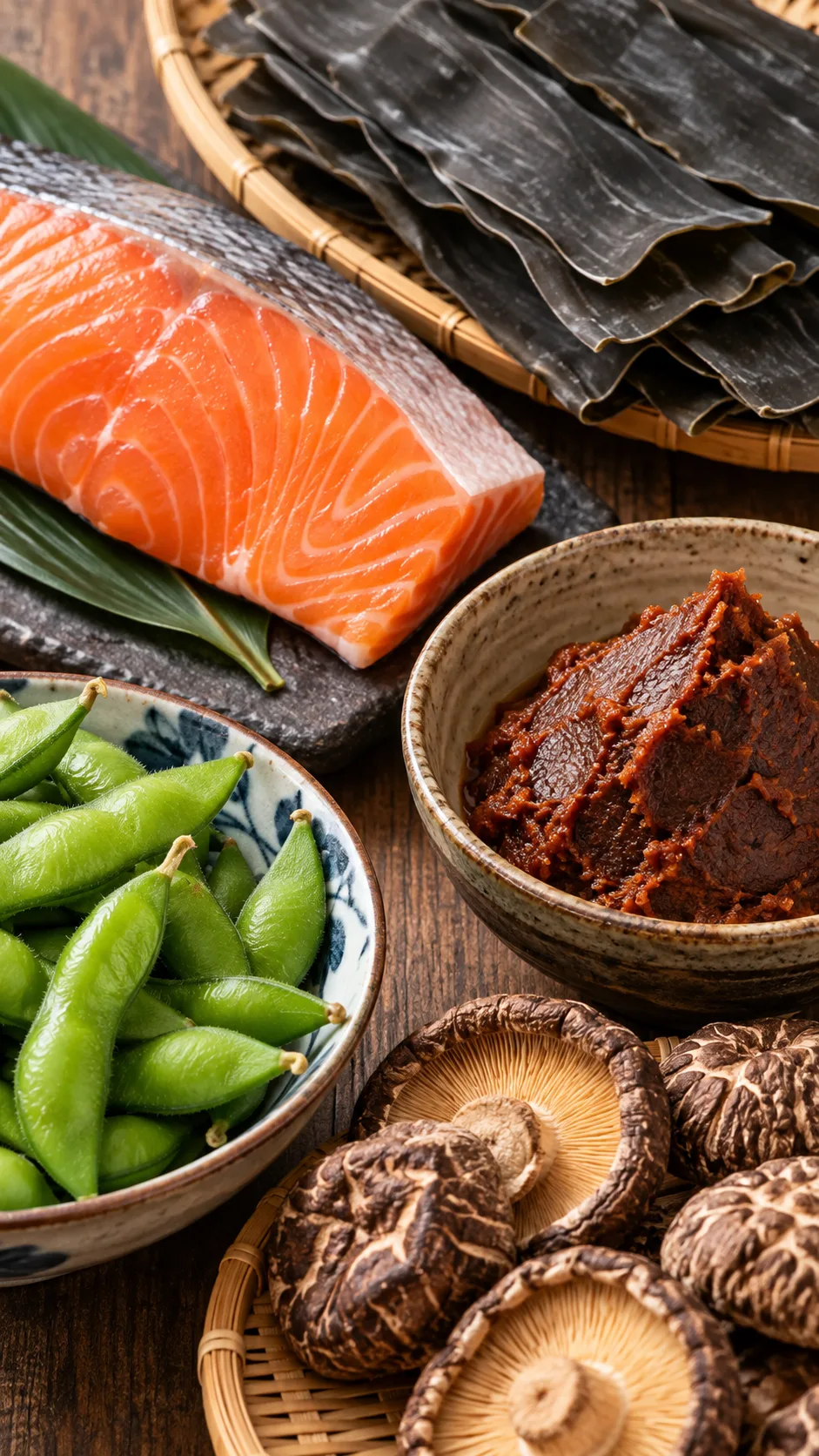 The Japanese Diet Plan That Keeps Japan Among the World's Healthiest Nations 2 Close up of fresh Japanese pantry staples, including raw salmon fillet, dried kombu seaweed, dark miso paste in a bowl, fresh edamame, and dried shiitake mushrooms arranged neatly