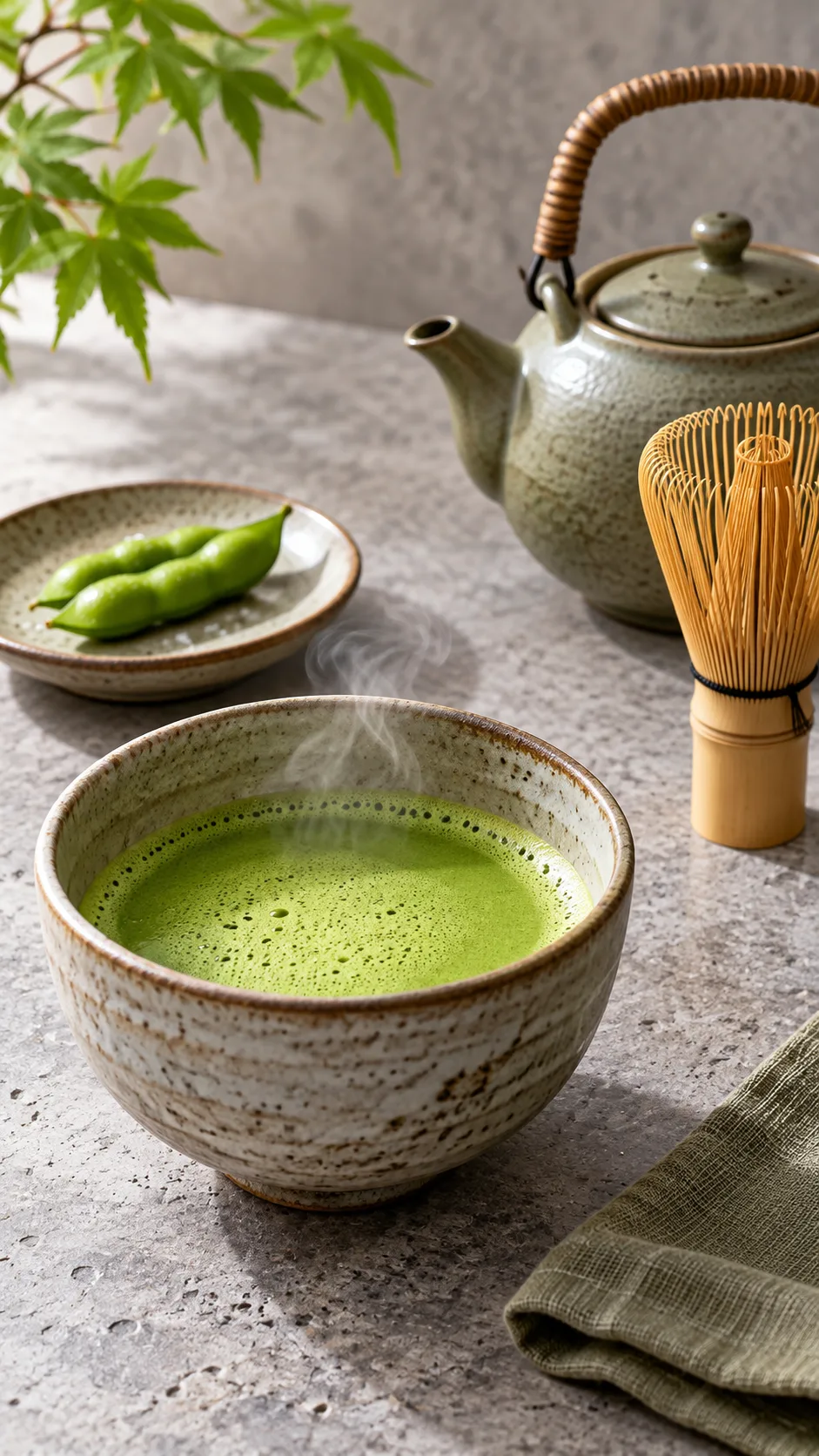 The Japanese Diet Plan That Keeps Japan Among the World's Healthiest Nations 3 A steaming cup of bright green Japanese matcha tea beside a bamboo whisk, ceramic teapot, and small plate with two fresh edamame pods on a minimalist stone counter