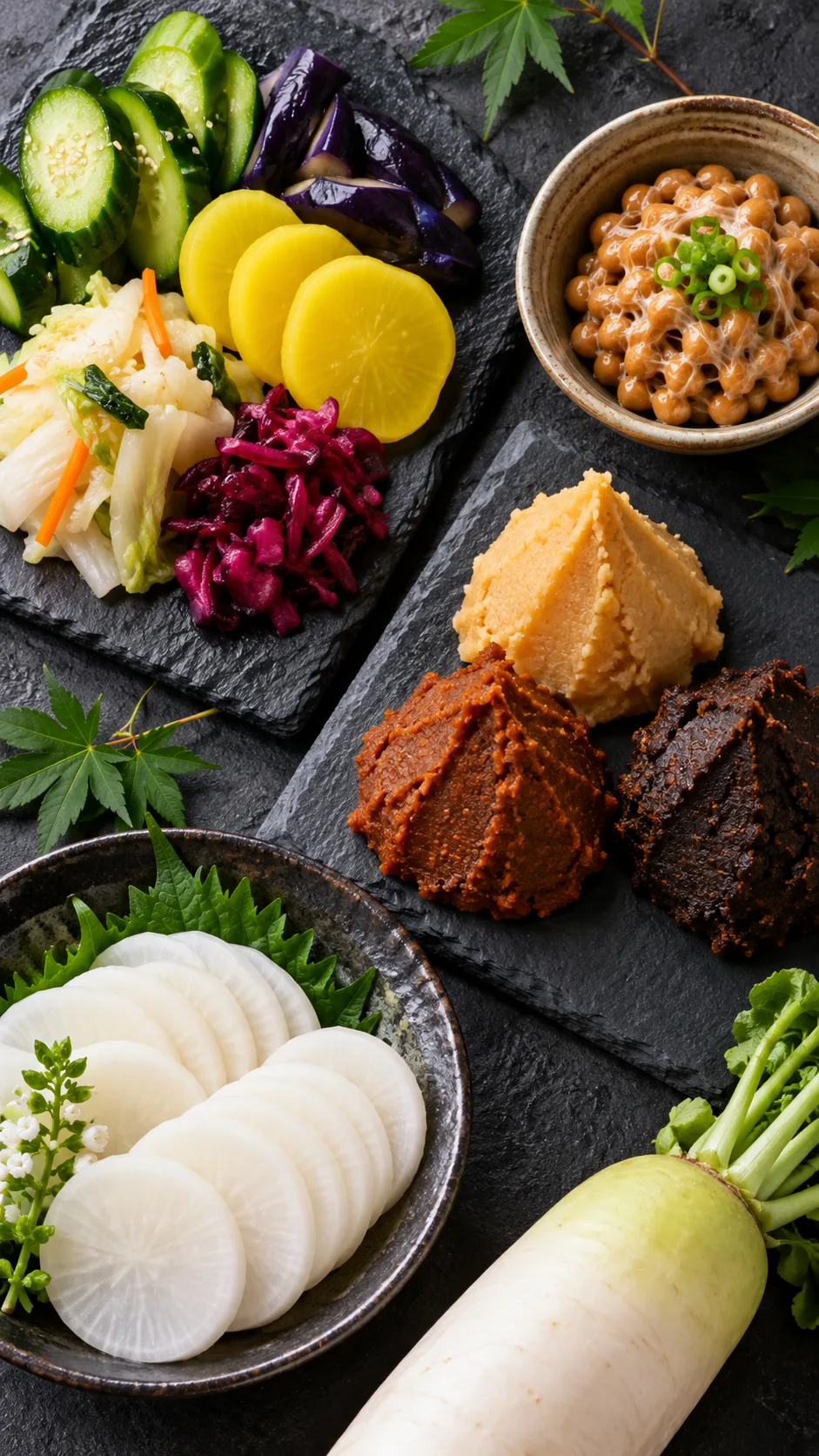 The Japanese Diet Plan That Keeps Japan Among the World's Healthiest Nations 4 Overhead view of an assortment of Japanese fermented pickles, miso pastes, natto in a small dish, and fresh daikon radish slices arranged on slate plates