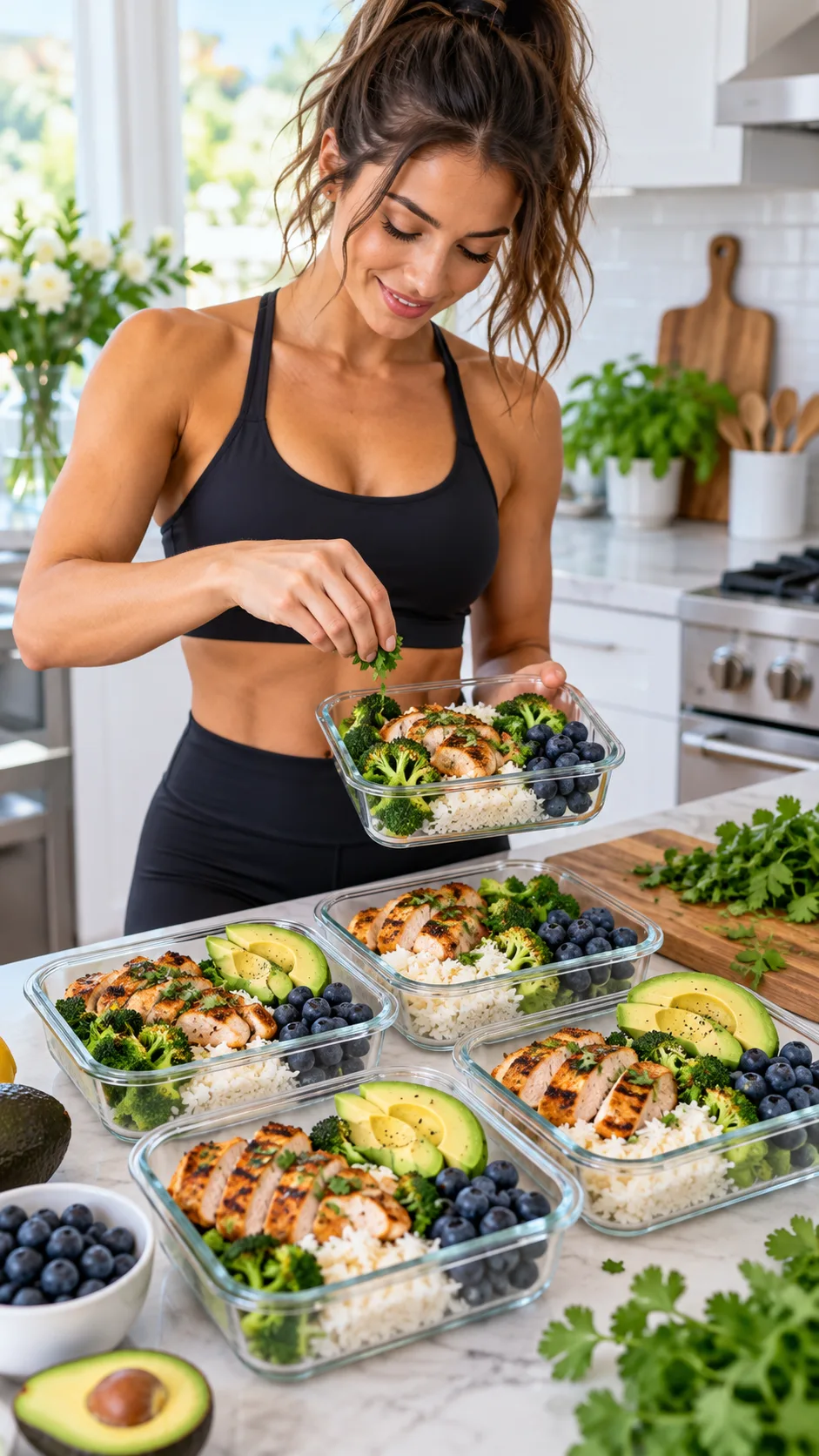The Female Bulking Meal Plan That Actually Builds Muscle Without the Bloat 1 A fit woman preparing clean, colorful high-protein meals in a bright kitchen, with grilled chicken, jasmine rice, avocado, and fresh blueberries neatly arranged in glass containers.
