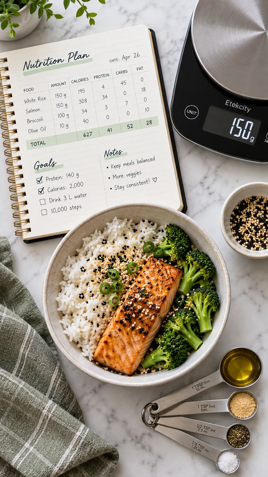 The Female Bulking Meal Plan That Actually Builds Muscle Without the Bloat 2 A flat-lay view of a modern fitness notebook with written nutrition numbers, a sleek digital food scale, a bowl of white rice with salmon, and measuring spoons.