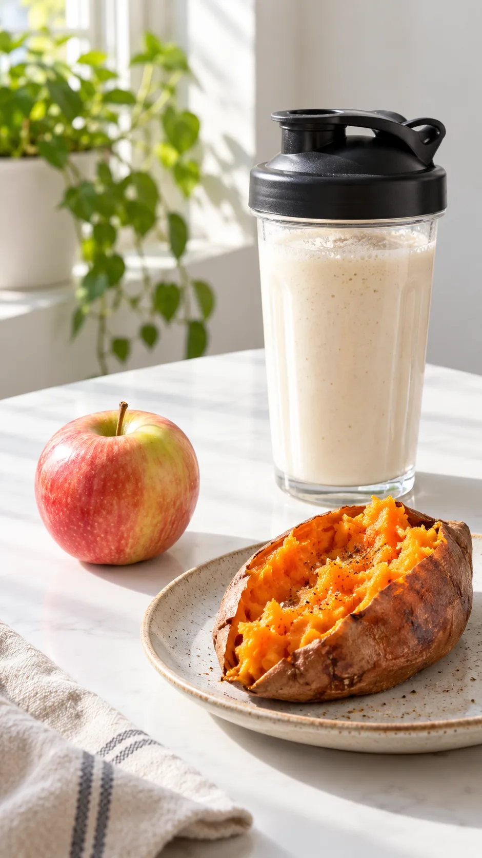 The IU Diet Decoded: What the K-Pop Star Actually Eats (And What It Does to Your Body) 1 Editorial nutrition photography of a small apple, one baked sweet potato, and a simple vanilla protein shake arranged on a clean white table, soft natural window light, realistic healthy lifestyle magazine style, no text