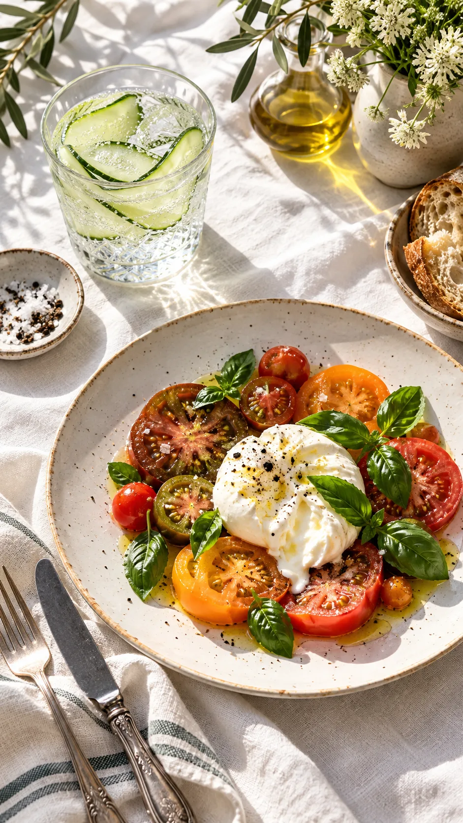 The Chic Diet Secrets That Make Eating Well Feel Effortlessly Luxurious 1 Editorial overhead shot of an elegant dining table with white linen, a glass of sparkling water with cucumber ribbons, a ceramic plate featuring heirloom tomatoes, burrata, and fresh basil, illuminated by soft natural morning sunlight
