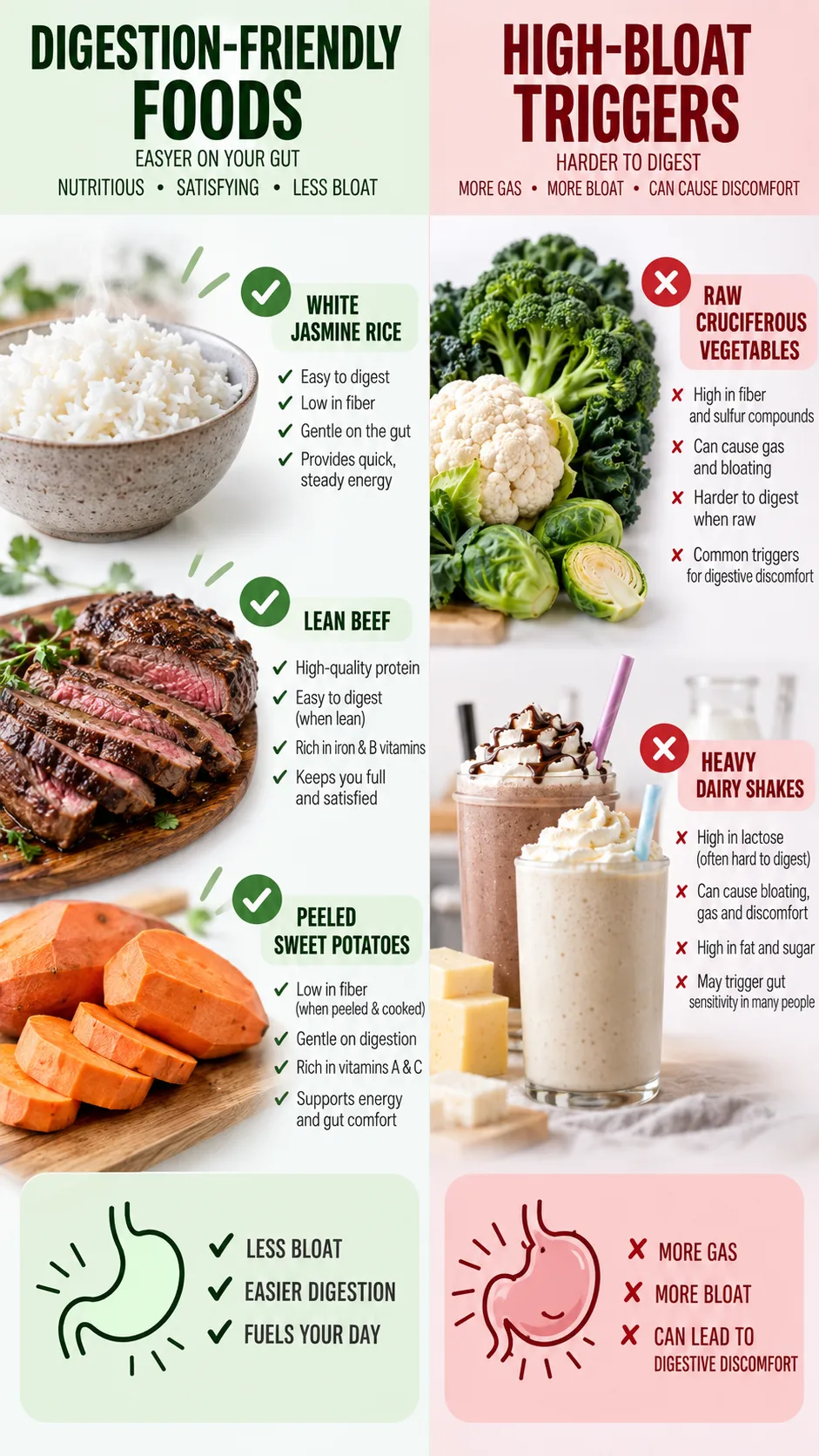 The Female Bulking Meal Plan That Actually Builds Muscle Without the Bloat 3 Side-by-side comparison of digestion-friendly foods like white jasmine rice, lean beef, and peeled sweet potatoes versus high-bloat raw cruciferous vegetables and heavy dairy shakes.