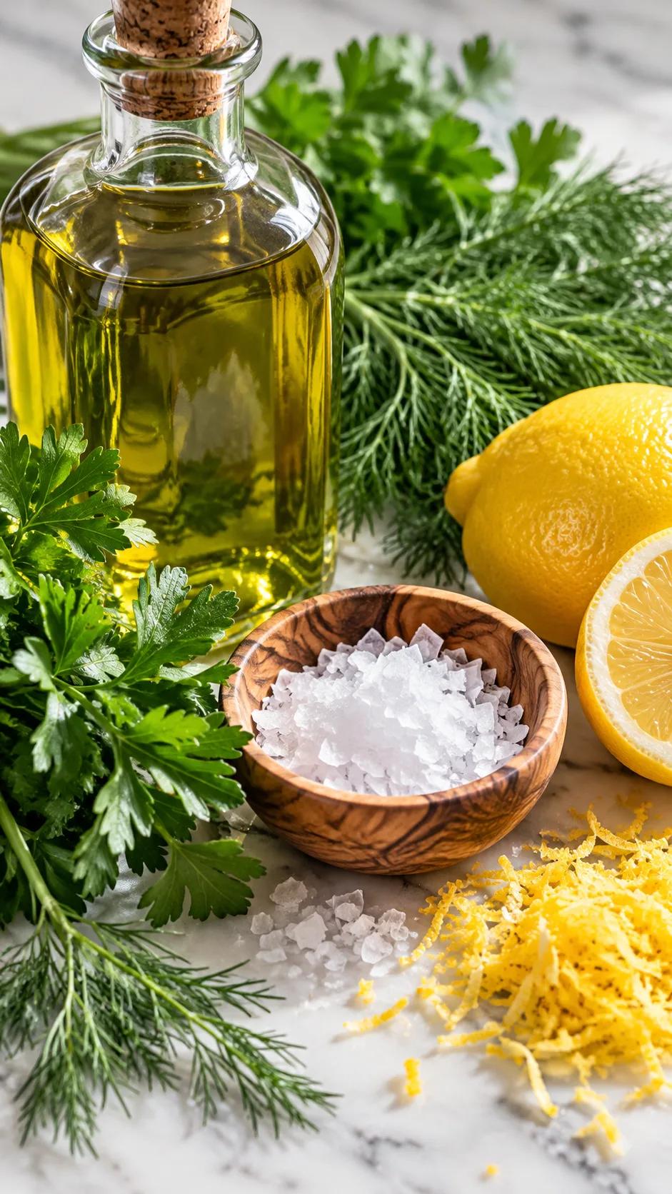 The Chic Diet Secrets That Make Eating Well Feel Effortlessly Luxurious 2 Close up shot of rustic kitchen ingredients: glass bottle of green extra virgin olive oil, small wooden bowl of flaky Maldon sea salt, lemon with zest, and fresh soft herbs like parsley and dill on a light marble surface