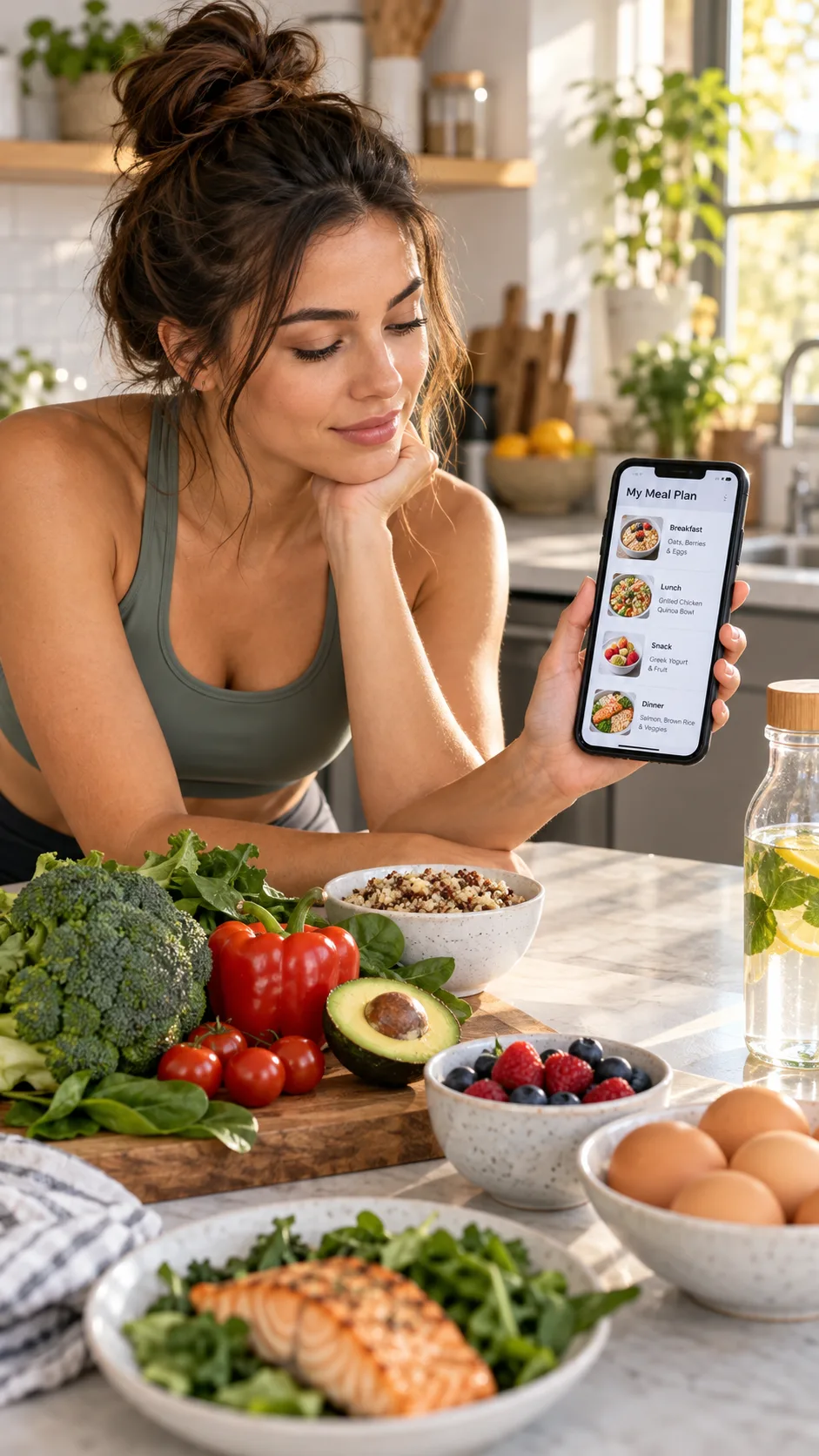 The IU Diet Decoded: What the K-Pop Star Actually Eats (And What It Does to Your Body) 3 Realistic editorial photograph of a young woman in workout clothes looking thoughtfully at a phone showing a meal plan, with balanced foods like vegetables, eggs, grains, fruit, and water on a kitchen counter, warm natural light, health magazine photography