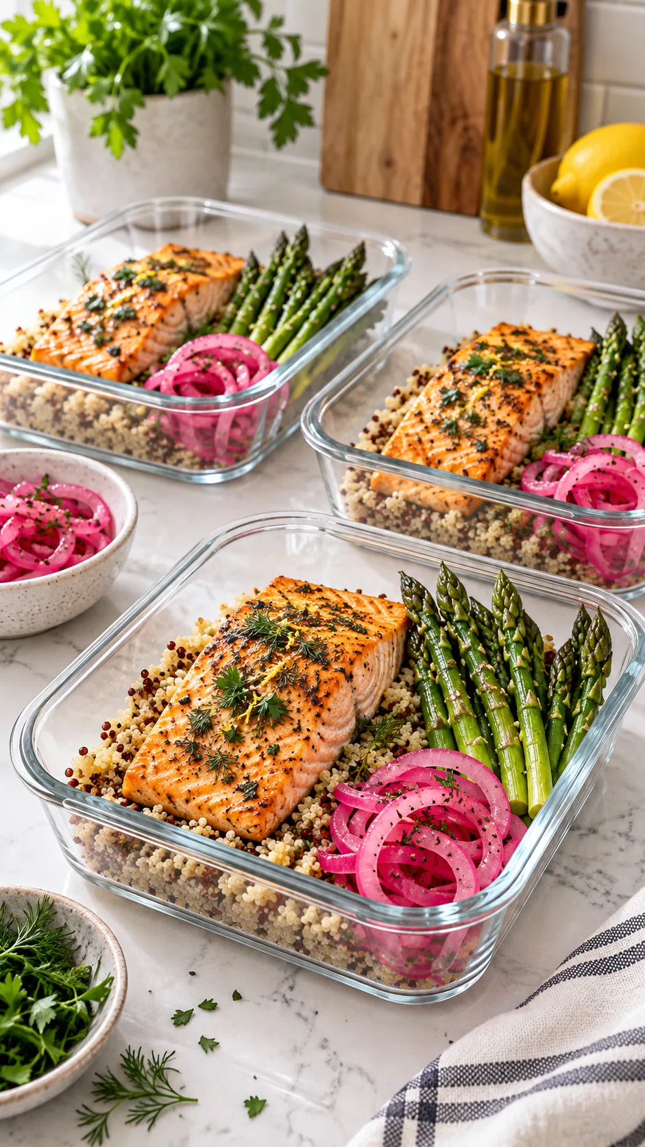 The Chic Diet Secrets That Make Eating Well Feel Effortlessly Luxurious 3 Modern chic meal prep in clear glass containers on a bright quartz kitchen counter: roasted salmon with herbs, golden quinoa, blanched asparagus spears, and pickled red onions