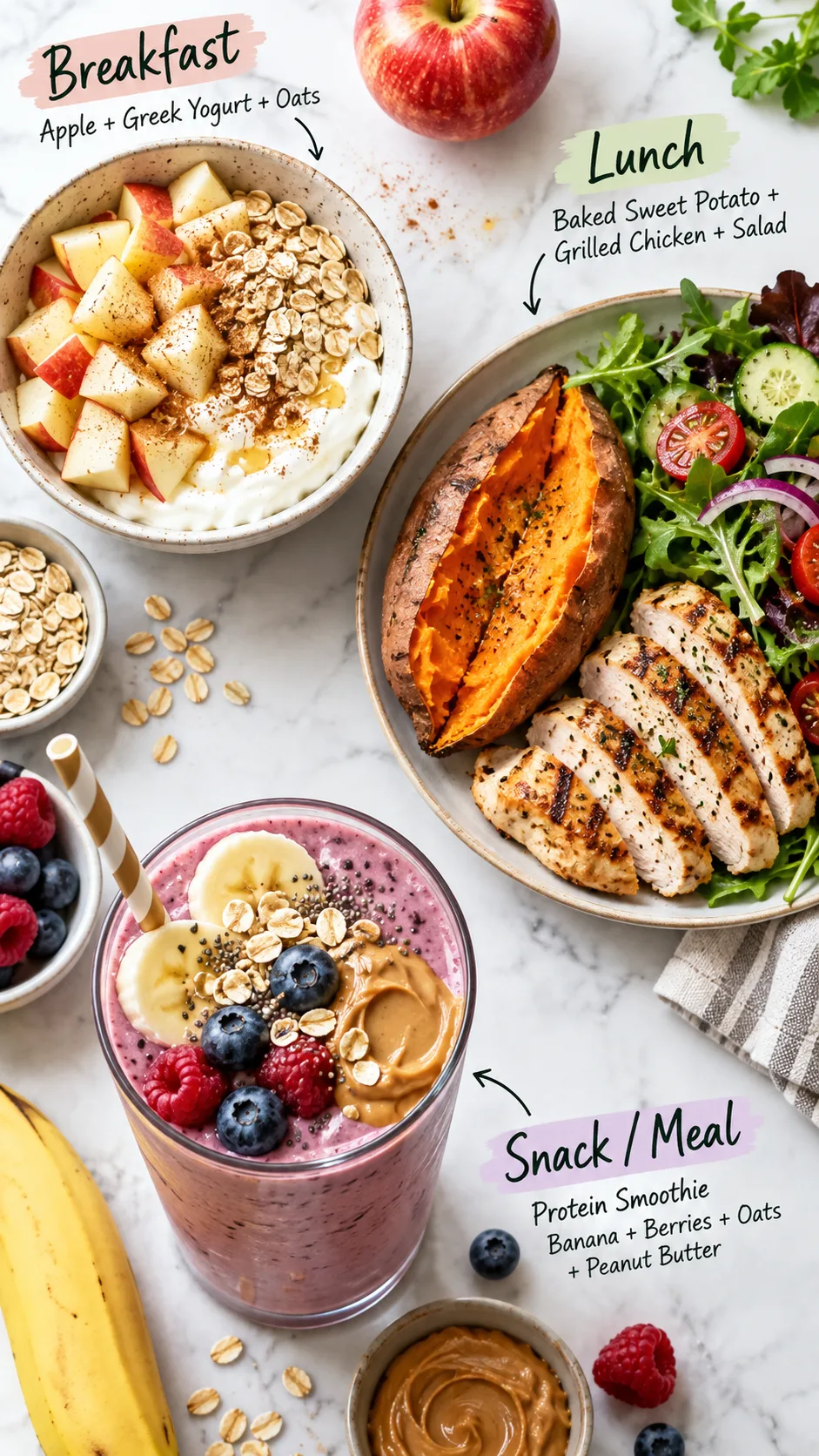 The IU Diet Decoded: What the K-Pop Star Actually Eats (And What It Does to Your Body) 4 Bright realistic overhead photography of three balanced weight loss meals: apple with Greek yogurt and oats, baked sweet potato with grilled chicken and salad, protein smoothie with banana berries oats and peanut butter, clean modern food editorial style