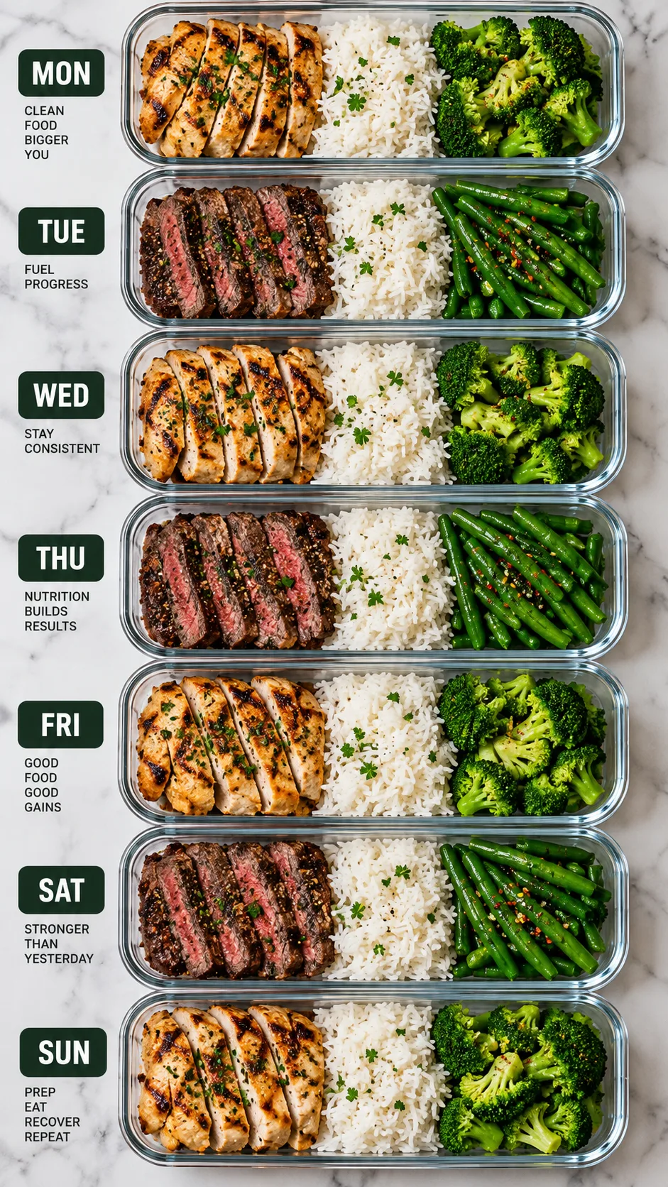 The Female Bulking Meal Plan That Actually Builds Muscle Without the Bloat 5 Meal prep containers neatly aligned with seven days of clean, bloat-free bulking food: grilled chicken, lean steak, jasmine rice, and steamed green vegetables.