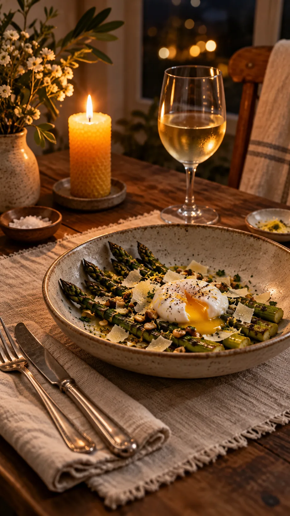 The Chic Diet Secrets That Make Eating Well Feel Effortlessly Luxurious 4 Intimate evening dinner setting for one with a linen placemat, silver cutlery, a glowing beeswax candle, and a shallow ceramic bowl of roasted asparagus and soft-poached egg