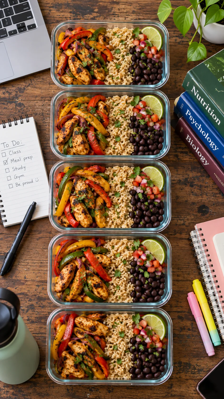 A flat-lay view of five neatly stacked glass meal prep containers filled with colorful chicken fajita bowls, brown rice, black beans, and roasted peppers on a rustic student desk next to textbooks