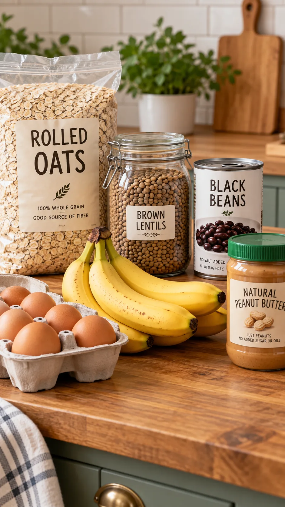 A clean wooden kitchen counter displaying organized budget grocery staples: a bag of rolled oats, dry brown lentils, canned black beans, a carton of eggs, bananas, and a jar of natural peanut butter