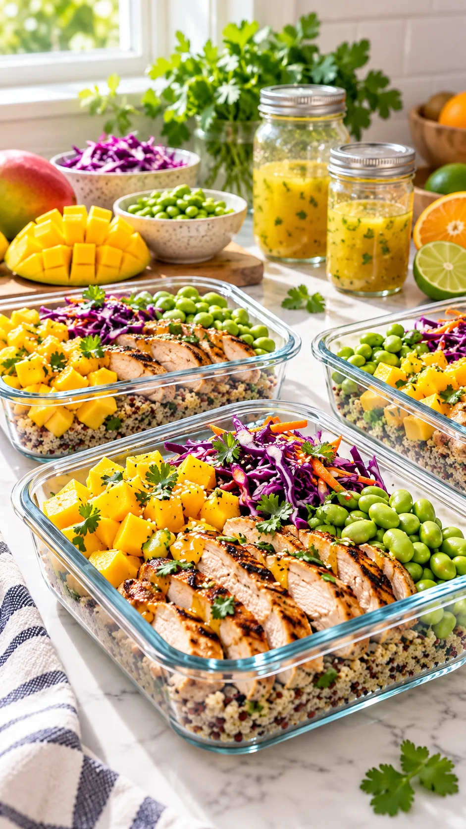 Summer Meal Prep Ideas That Keep You Out of the Kitchen All Week 1 A bright, sunlit kitchen counter featuring neat glass meal prep containers filled with colorful summer ingredients: vibrant diced mango, shredded purple cabbage, bright edamame, cold grilled chicken strips, and mason jars of citrus vinaigrette