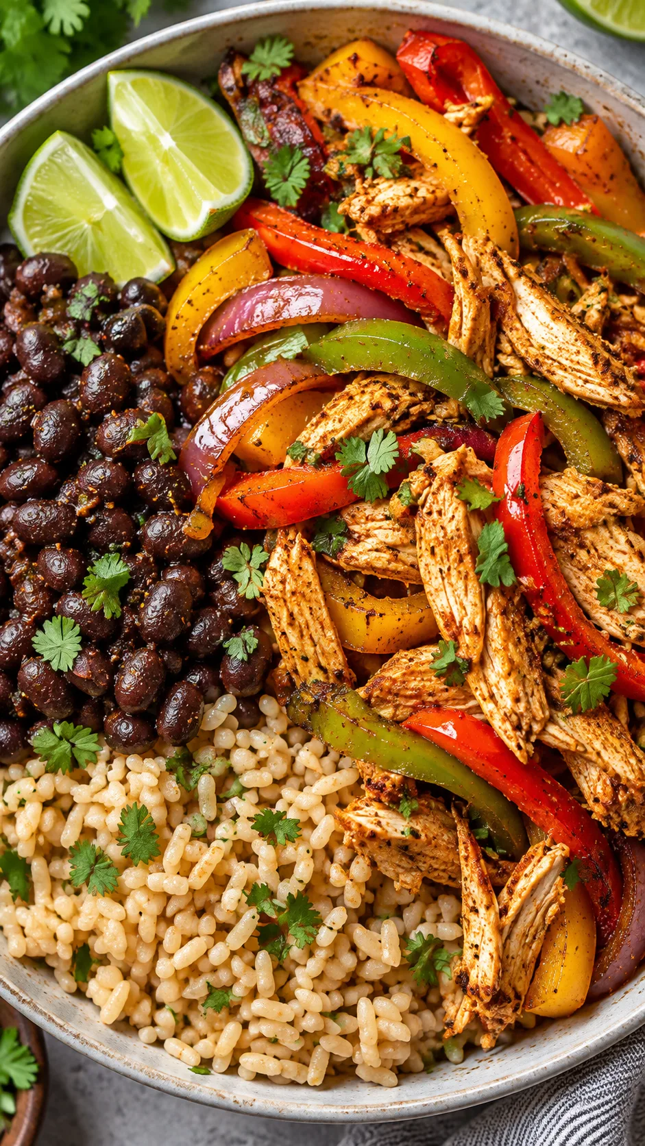 Close-up overhead shot of a freshly prepared sheet-pan chicken fajita bowl with bright bell peppers, seasoned shredded chicken, seasoned black beans, and fluffy brown rice