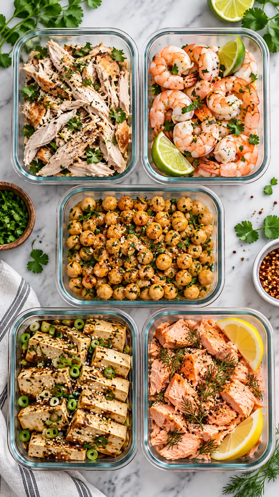 Summer Meal Prep Ideas That Keep You Out of the Kitchen All Week 2 Overhead flat lay of five meal prep glass bowls containing cold protein options: shredded rotisserie chicken with fresh herbs, chilled peeled shrimp with lime wedges, seasoned chickpeas, sliced extra-firm marinated tofu, and flaked wild salmon