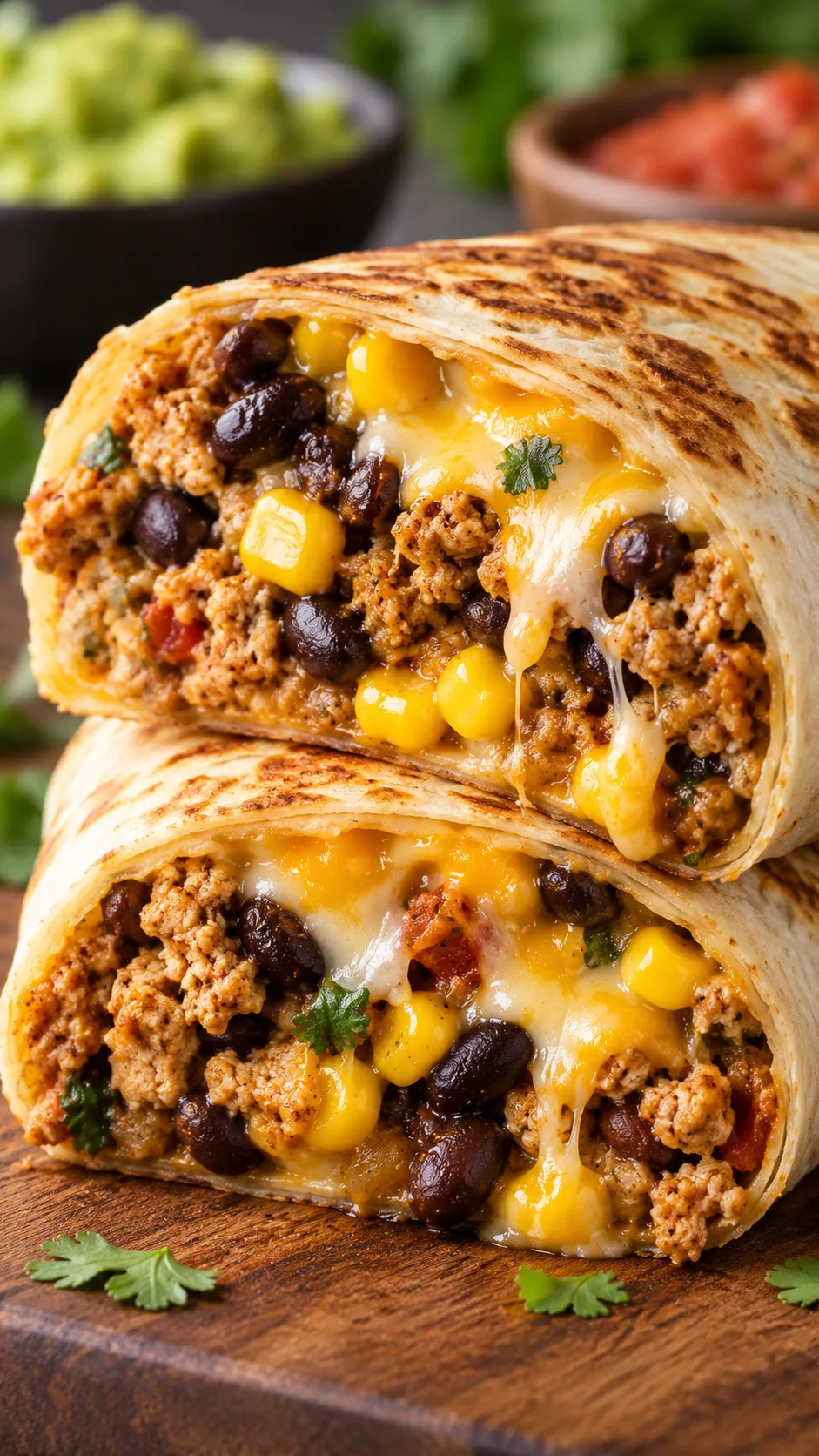 A cross-section cut of a thick homemade breakfast and lunch burrito showing melted cheese, seasoned ground turkey, black beans, and golden corn kernels wrapped tightly in a toasted flour tortilla