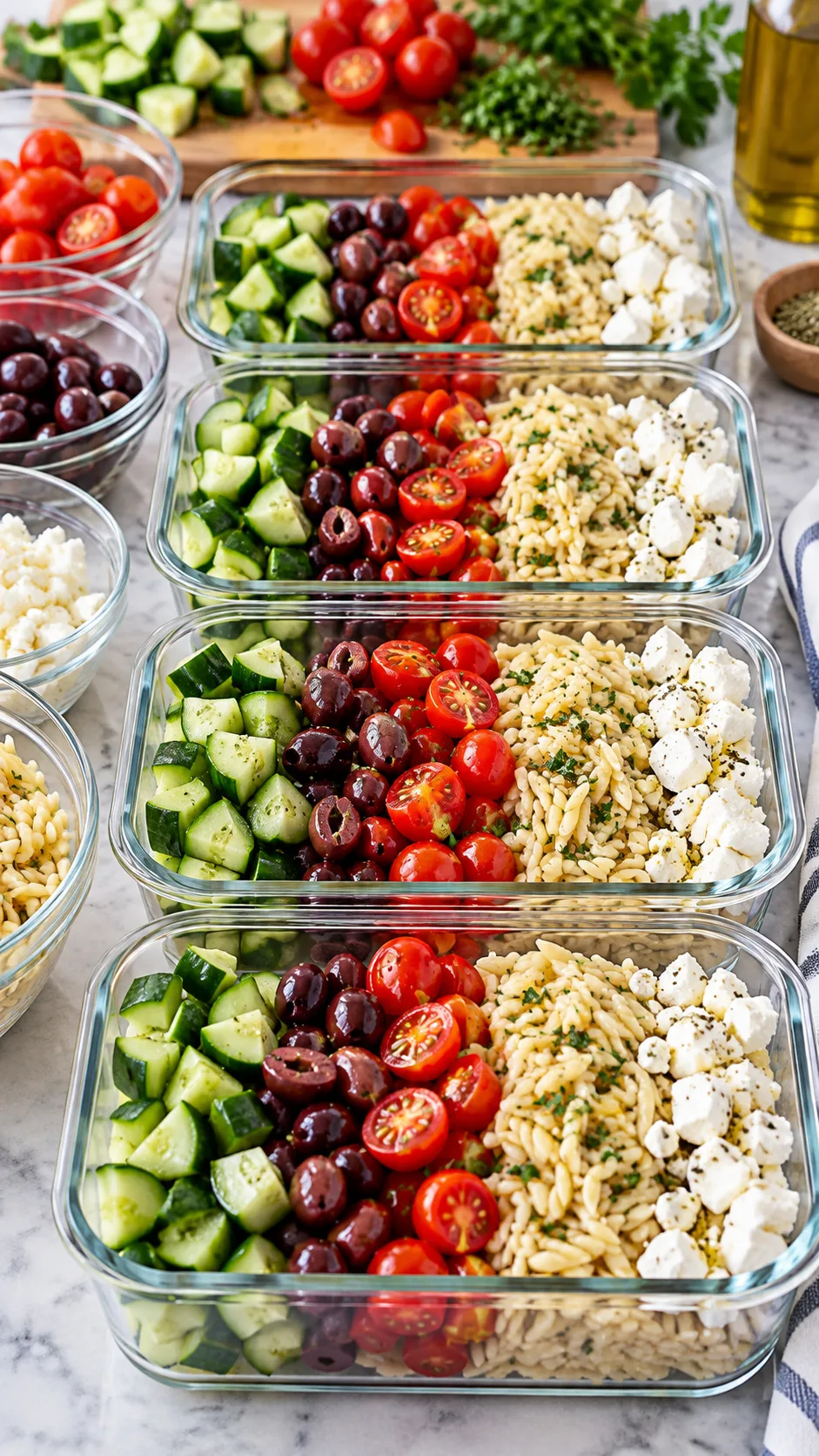 Summer Meal Prep Ideas That Keep You Out of the Kitchen All Week 3 Meal prep assembly line with colorful chopped cucumbers, kalamata olives, cherry tomatoes, cooked orzo pasta, and feta cheese in meal prep glass containers