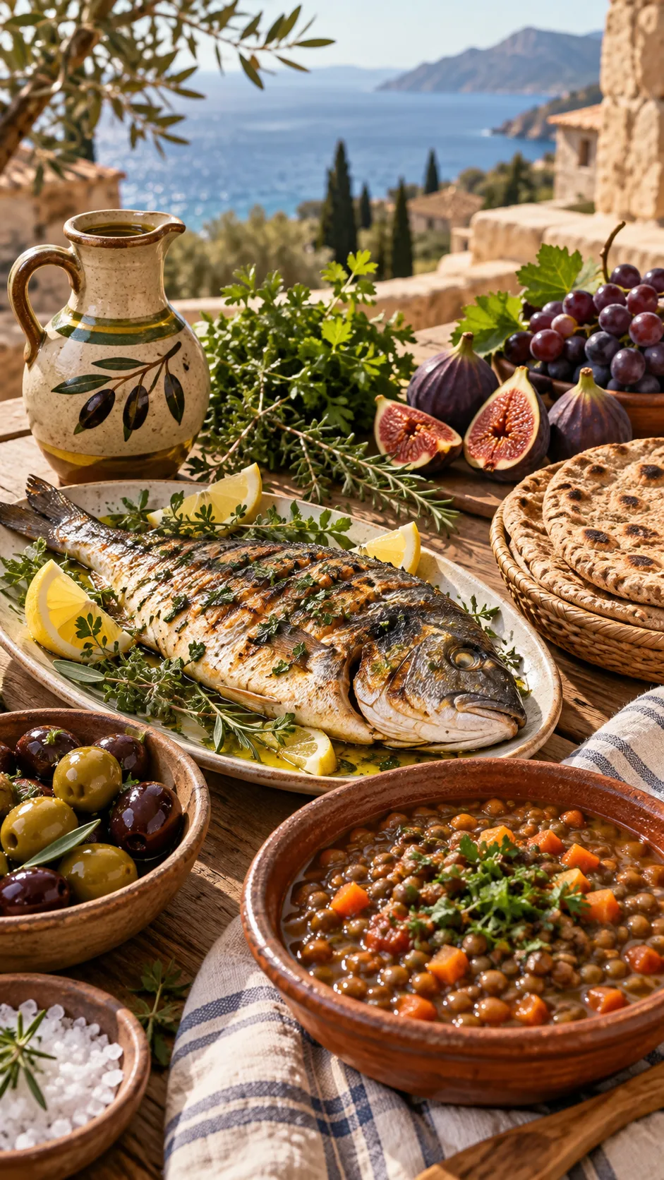 Warm natural-light food photography of an Apostolic Diet meal on a rustic wooden table: grilled whole fish, lentil stew in clay bowl, olives, whole grain flatbread, figs, grapes, fresh herbs, olive oil in a small ceramic jug, Mediterranean setting, realistic editorial health magazine style