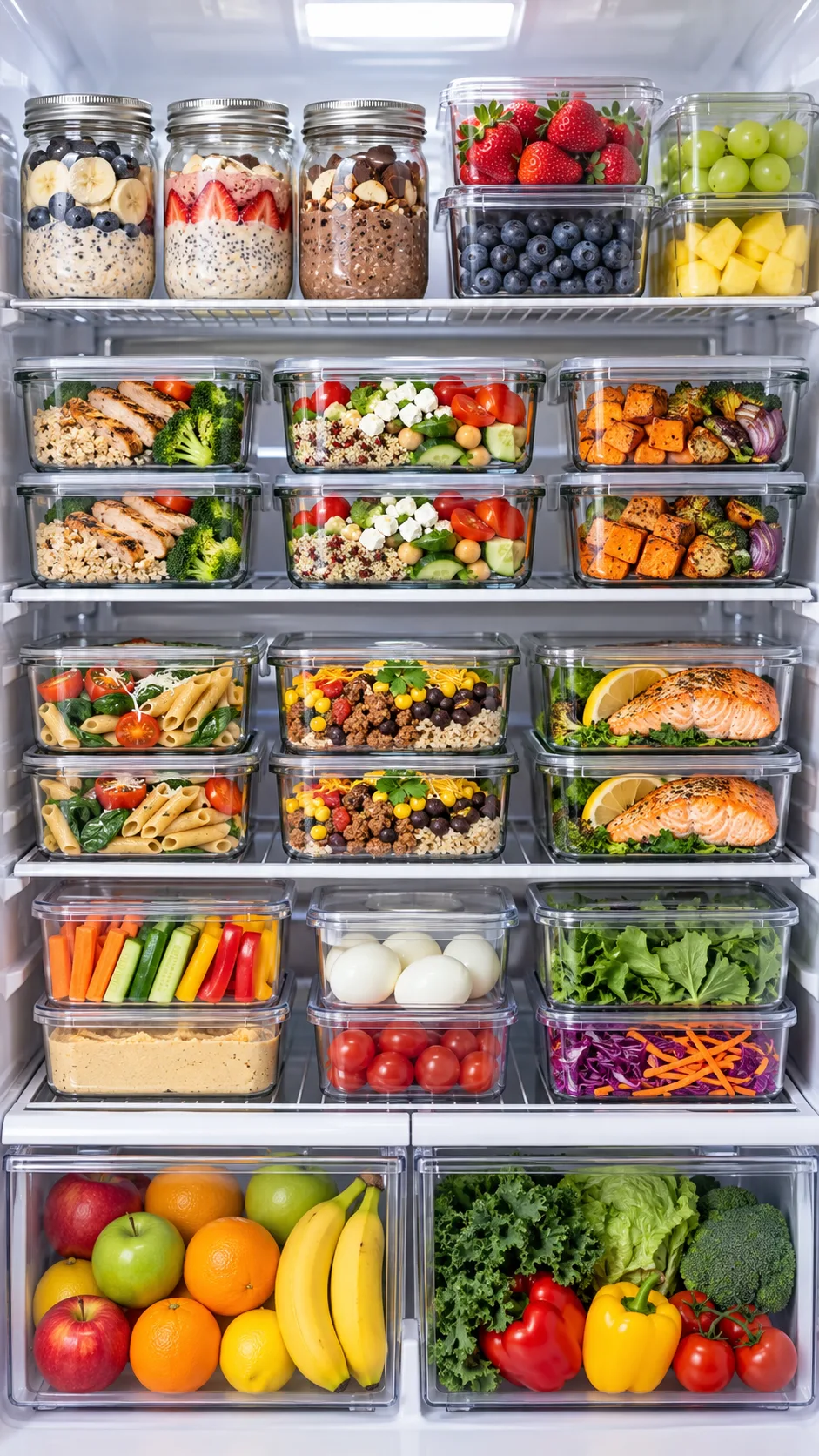 Neatly organized modern refrigerator interior packed with clear meal prep containers showing colorful prepared meals, overnight oats in glass jars, and fresh fruit on wire shelves
