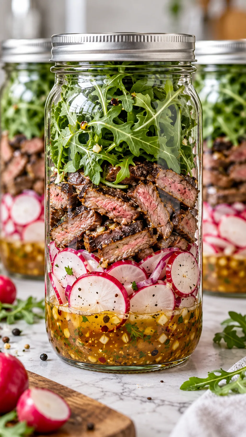 Summer Meal Prep Ideas That Keep You Out of the Kitchen All Week 4 Glass mason jars packed vertically with colorful ingredients: rich vinaigrette at the bottom, crisp radishes, grilled steak strips, and lush arugula at the top
