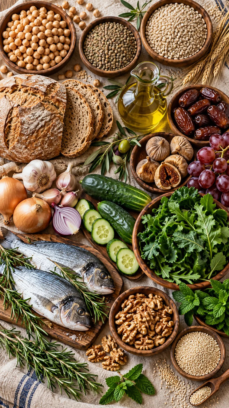 Top-down realistic food photography of biblical-era Mediterranean ingredients arranged neatly on linen: chickpeas, lentils, barley, whole wheat bread, olive oil, dates, figs, grapes, garlic, onions, cucumbers, leafy greens, fish, walnuts, sesame seeds, rosemary and mint