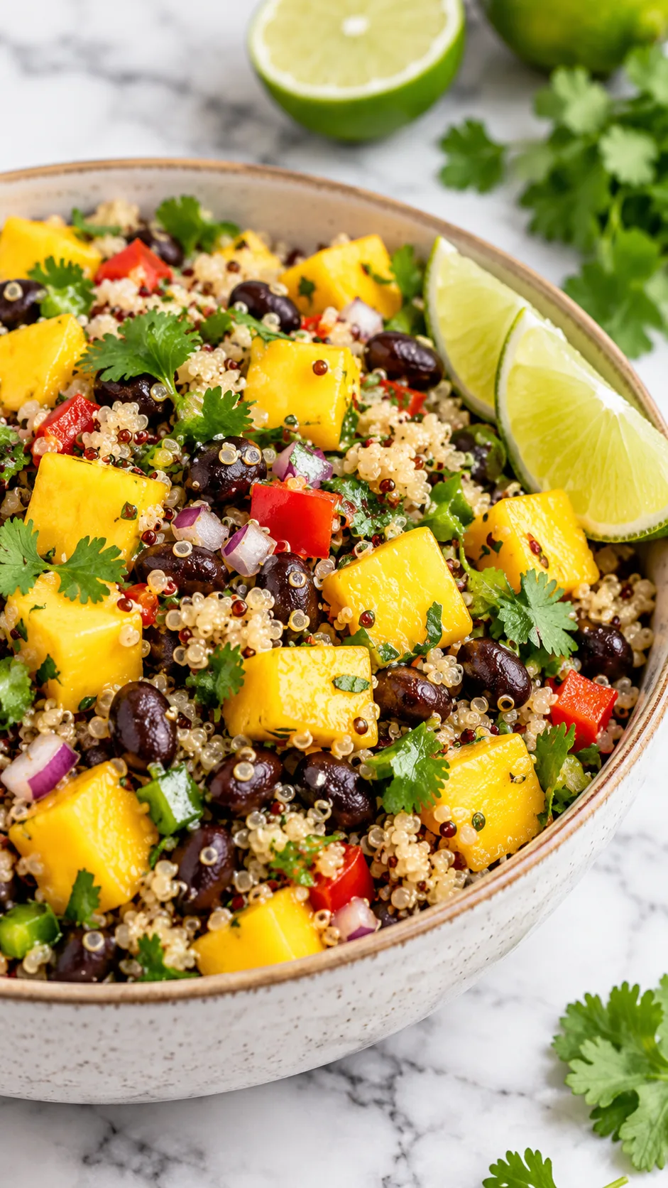 Summer Meal Prep Ideas That Keep You Out of the Kitchen All Week 5 Close up of a vibrant Southwestern quinoa salad bowl featuring black beans, bright yellow diced mango cubes, green cilantro, and lime wedges on a white marble surface