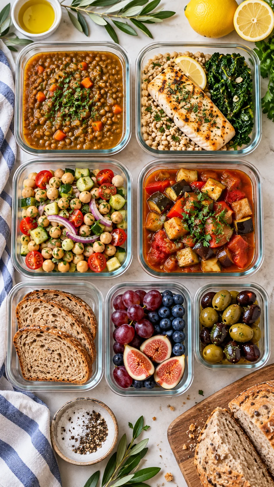 Realistic overhead meal prep photography showing seven simple Apostolic Diet meals in reusable containers: lentil soup, grilled fish with barley and greens, chickpea salad, vegetable stew, whole grain bread, fruit, olives, bright Mediterranean colors, clean healthy lifestyle editorial