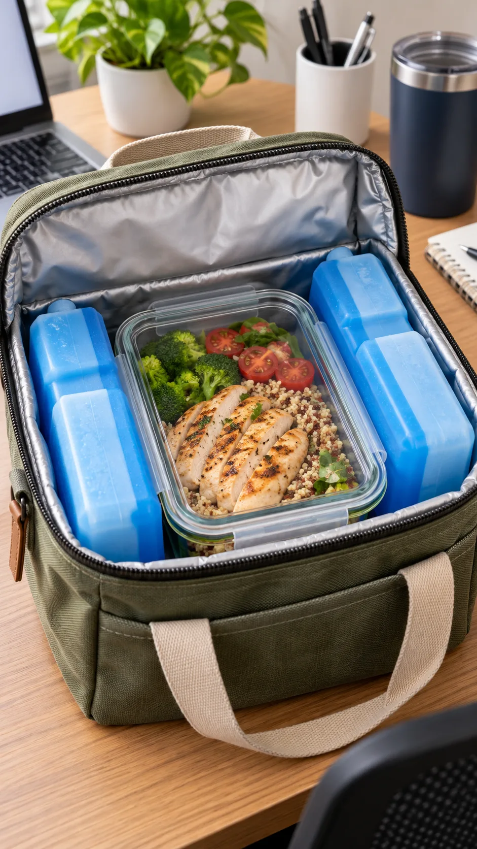 Summer Meal Prep Ideas That Keep You Out of the Kitchen All Week 6 Two thick high-quality ice packs surrounding a glass meal prep container inside an open insulated canvas lunch bag on an office desk